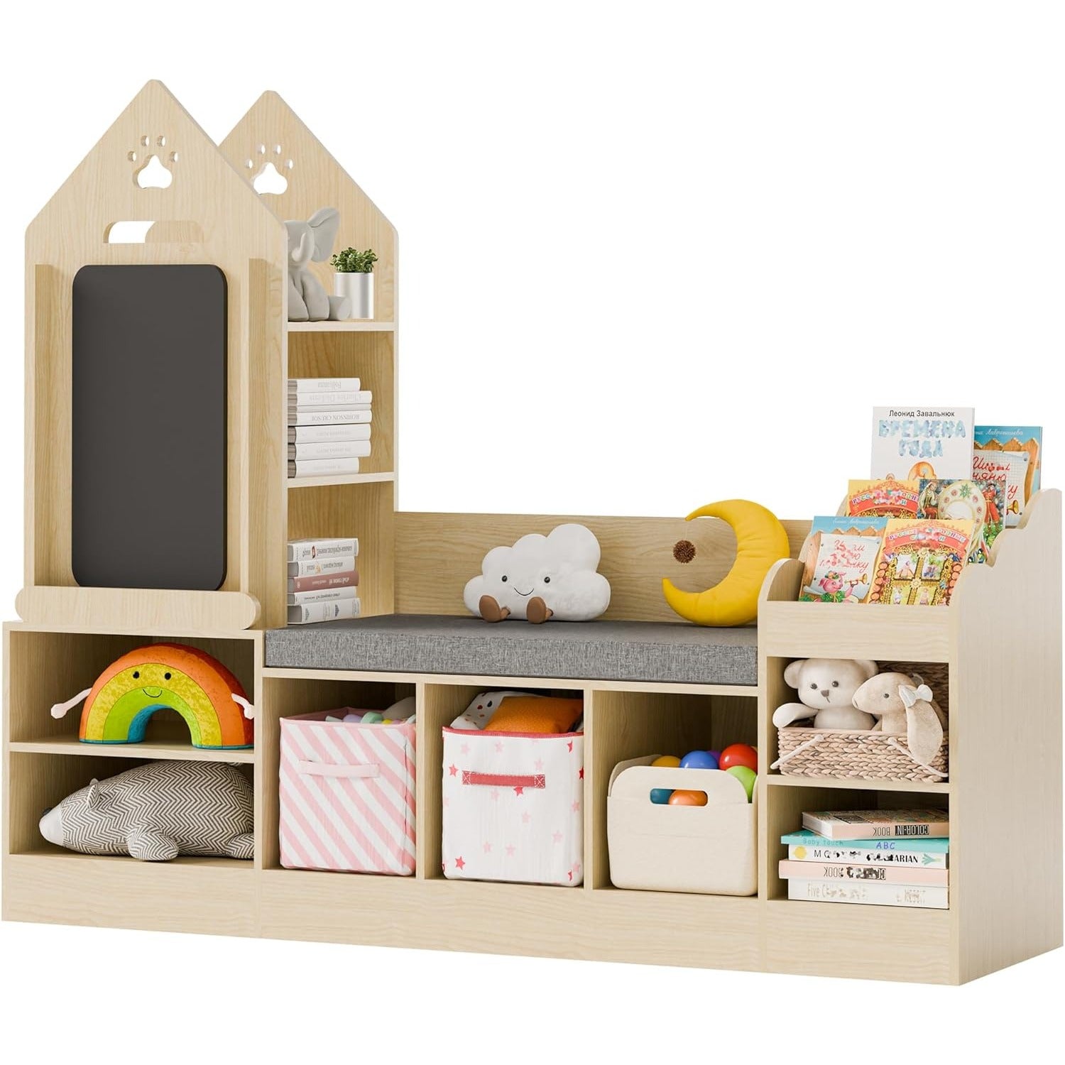 Bookshelf Featuring a Cozy Reading Corner, Wooden Organizer for Toy Storage Equipped with a Chalkboard And Bench, Ideal Reading Nook for Boys And Girls, Toy Shelf Suitable for Bedroom, Nursery, Or Playroom, Crafted from Natural Oak