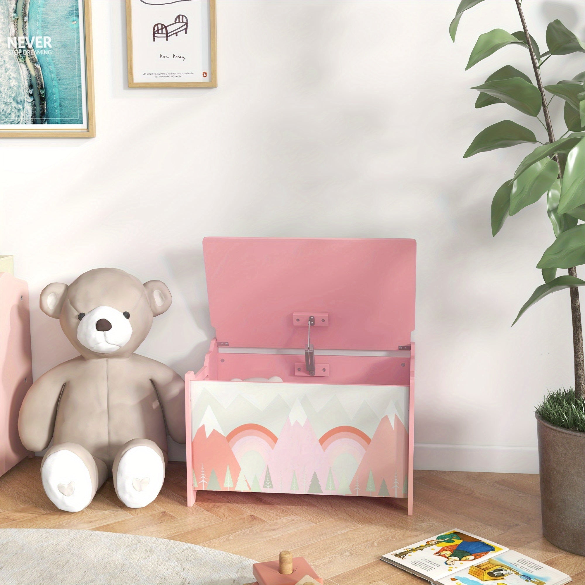 Qaba Box with Lid, Chest Storage Organizer for Bedroom with Safety Hinge, Cute Animal Design, Pink
