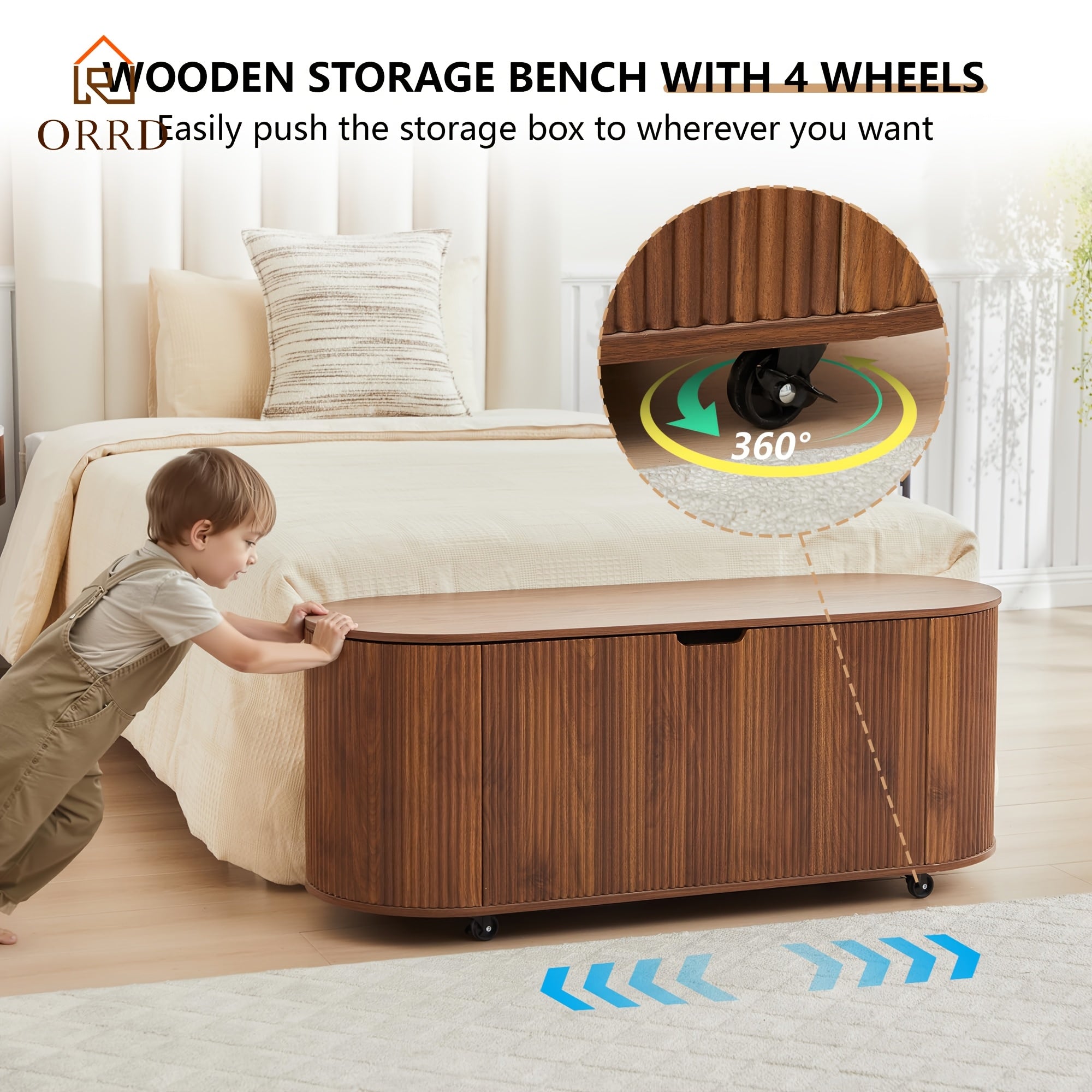 ORRD Storage Bench Featuring 4 Wheels, a Fluted Oval Design with Safety Hinges, a Contemporary Wooden Bench for The End of The Bed, And a Spacious Storage Trunk Toy Chest with a Lift-Top Suitable for The Entryway, Bedroom, Or Living Room