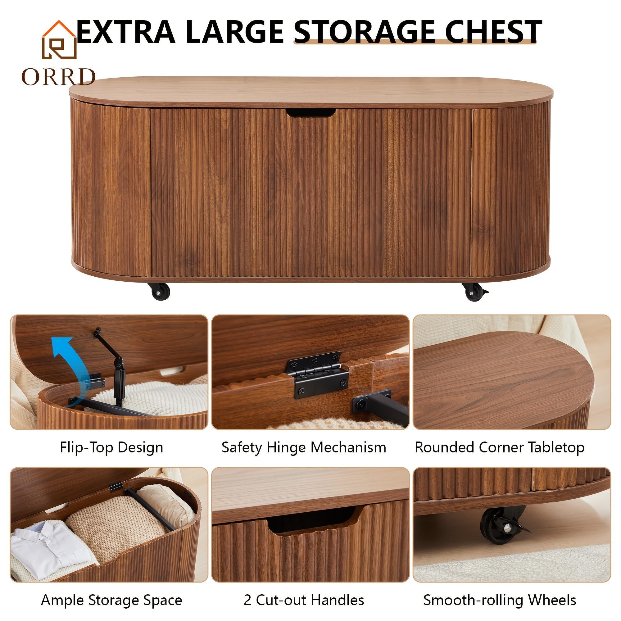 ORRD Storage Bench Featuring 4 Wheels, a Fluted Oval Design with Safety Hinges, a Contemporary Wooden Bench for The End of The Bed, And a Spacious Storage Trunk Toy Chest with a Lift-Top Suitable for The Entryway, Bedroom, Or Living Room