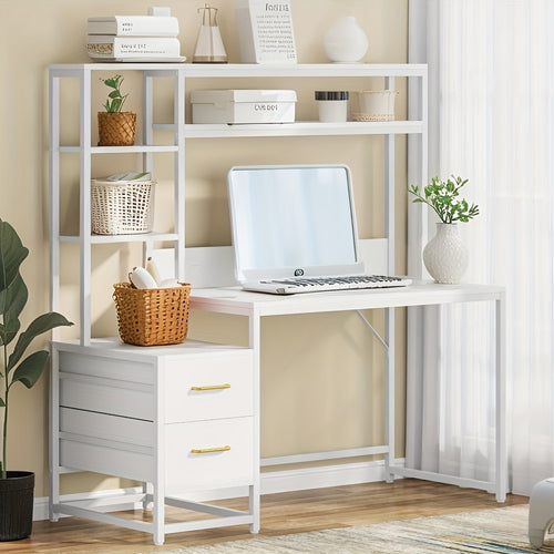 55-Inch Office Desk Featuring a Hutch, White End with Two Drawers And Storage Shelves, Contemporary Design Suitable for Studying, Gaming, Or As a Laptop Workstation for Home Offices, Perfect for Holiday Updates