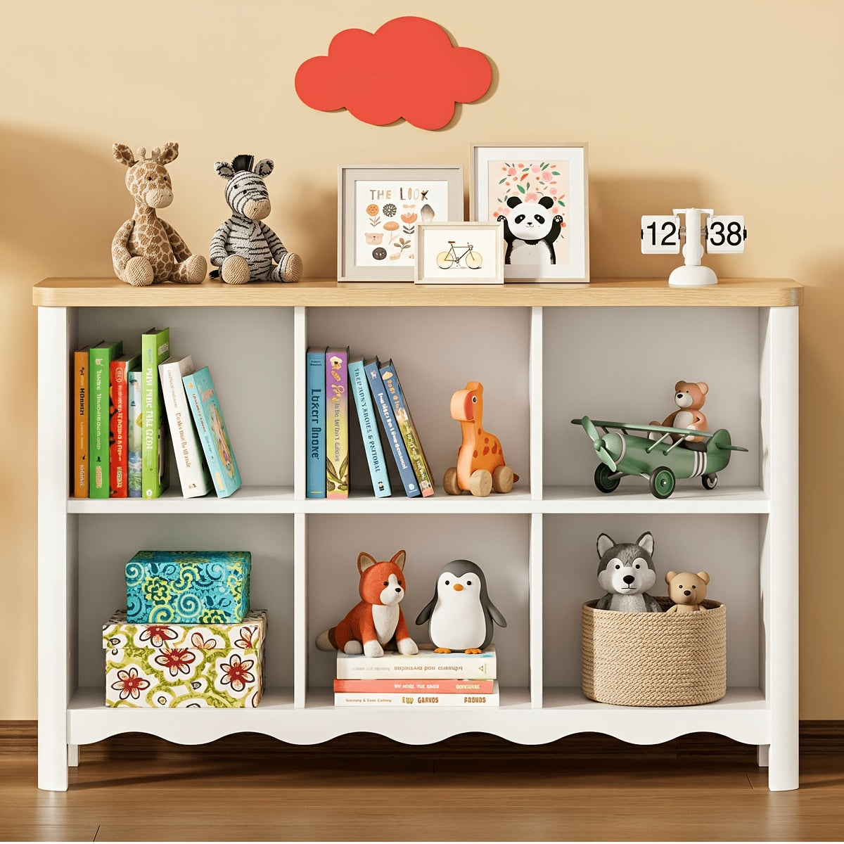 6-Cubby Kids Bookshelf with 2-Tier Open Storage - Low-Profile Bookcase Suitable for Rounded Corners, Assembly, Compact Bookshelf for Room,, Playroom, Multi-Purpose Storage Shelf for Books &