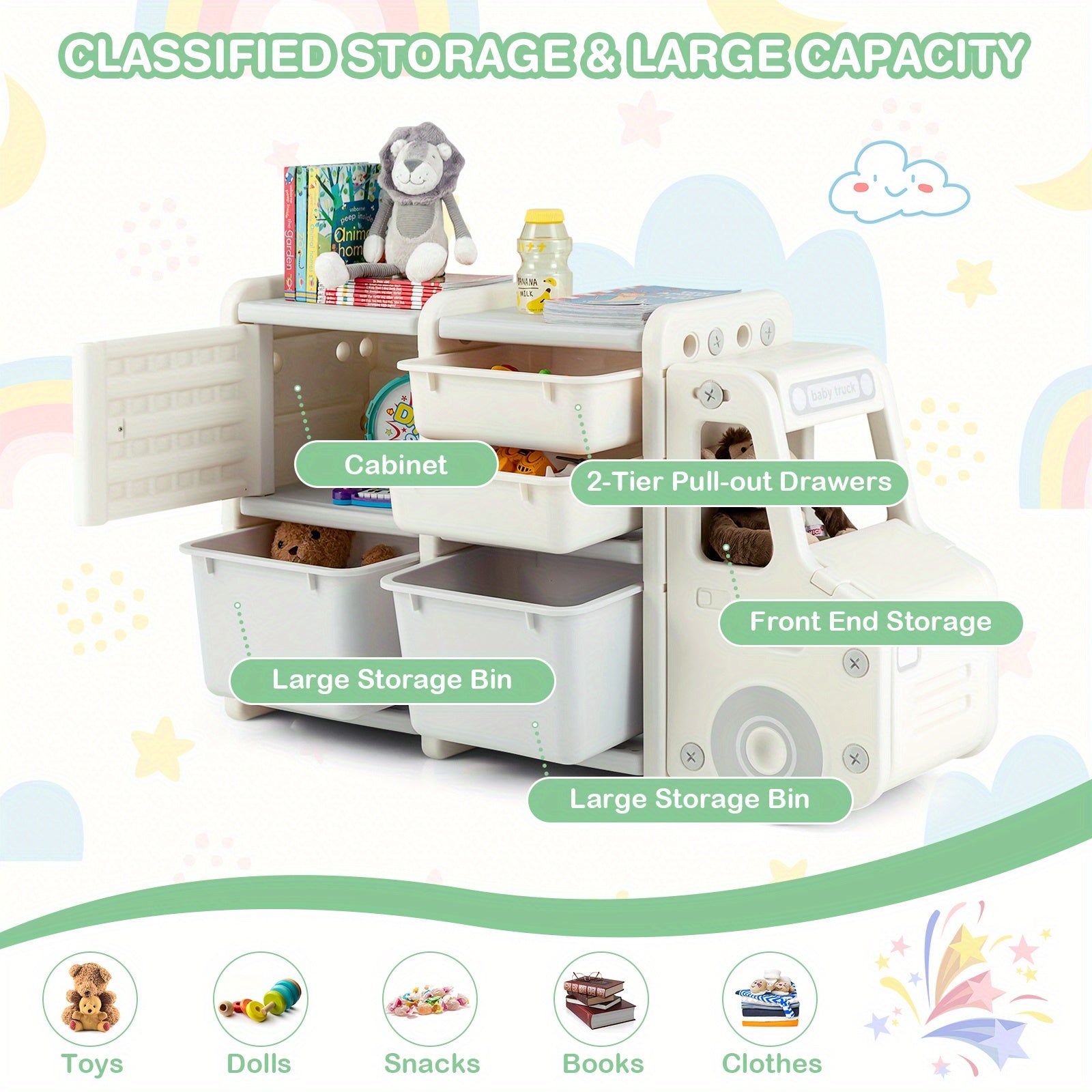 LIFEZEAL Truck-Shaped Youngsters Storage Organizer with Removable Bins & Drawers, HDPE Plastic Cabinet for Youngsters - Beige & Playroom Furniture, 43.5\