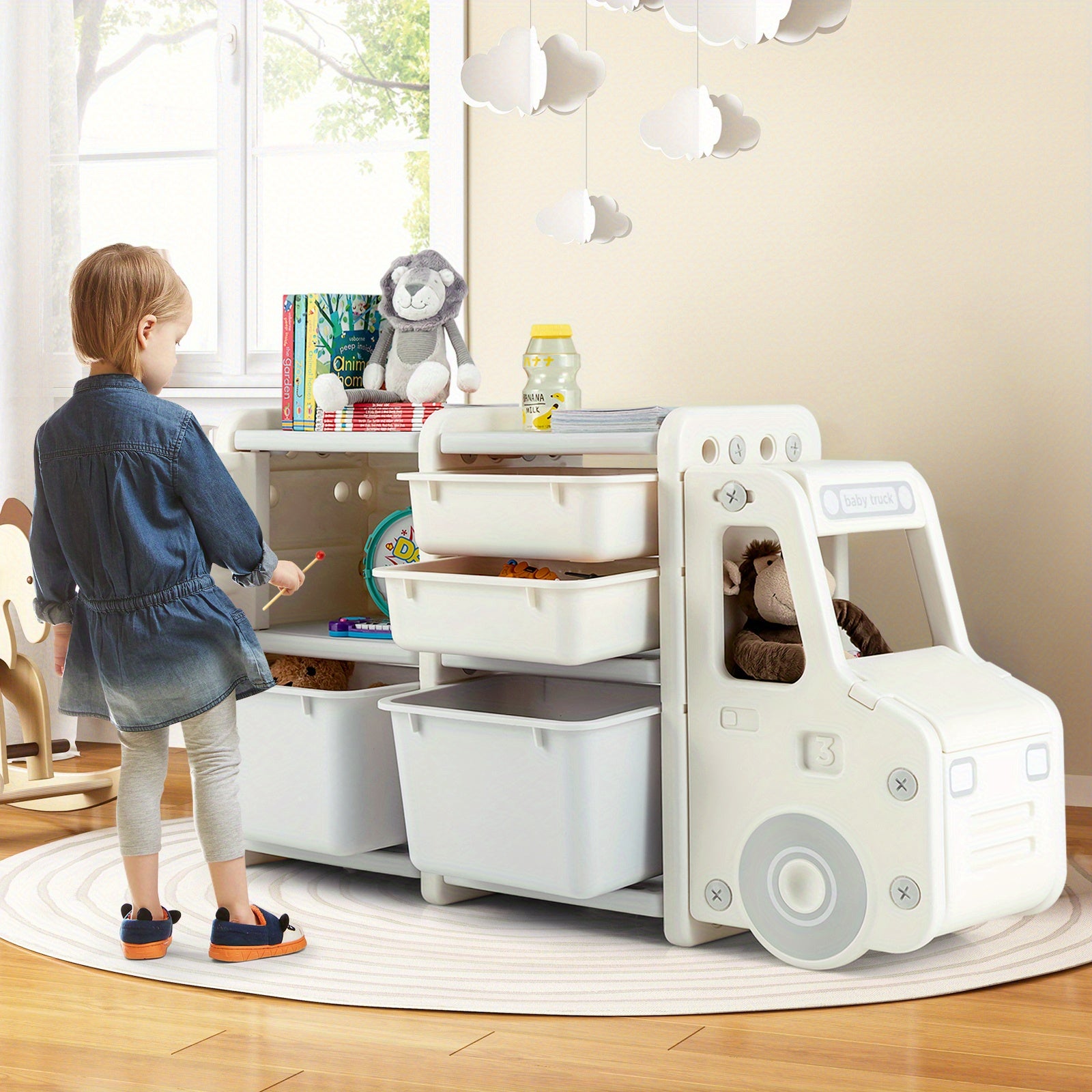 LIFEZEAL Truck-Shaped Youngsters Storage Organizer with Removable Bins & Drawers, HDPE Plastic Cabinet for Youngsters - Beige & Playroom Furniture, 43.5\