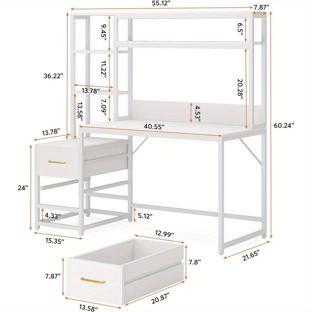 55-Inch Office Desk Featuring a Hutch, White End with Two Drawers And Storage Shelves, Contemporary Design Suitable for Studying, Gaming, Or As a Laptop Workstation for Home Offices, Perfect for Holiday Updates