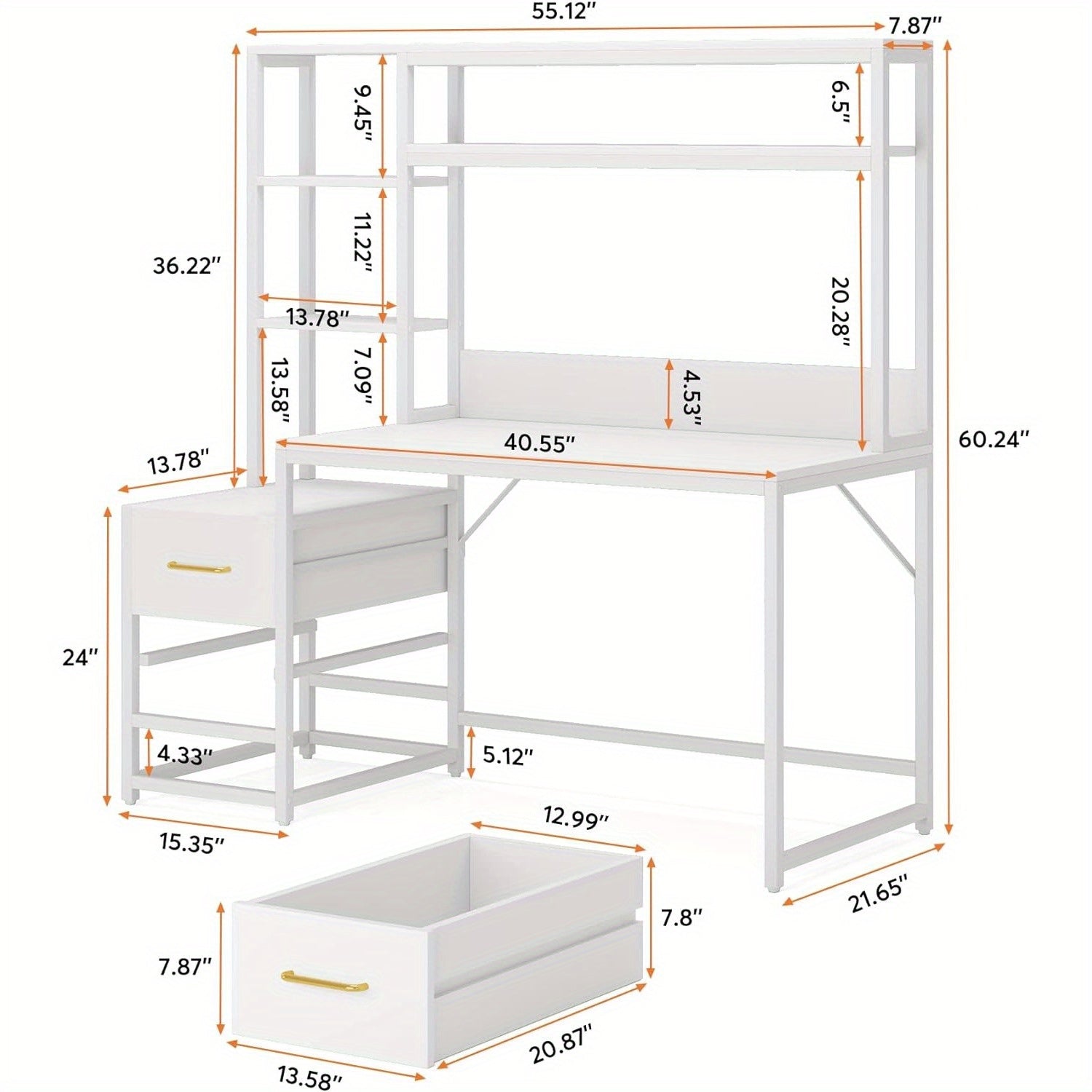 55-Inch Office Desk Featuring a Hutch, White End with Two Drawers And Storage Shelves, Contemporary Design Suitable for Studying, Gaming, Or As a Laptop Workstation for Home Offices, Perfect for Holiday Updates