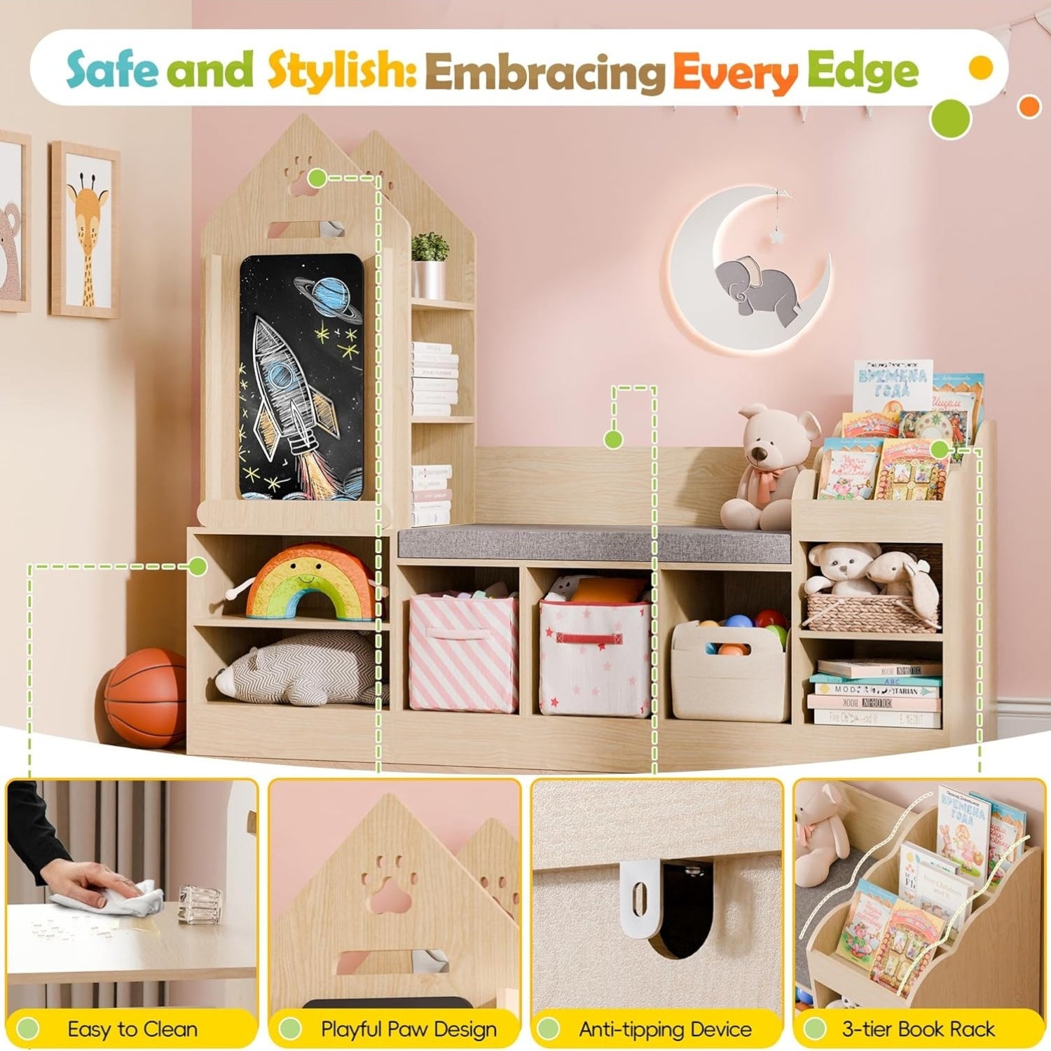 Bookshelf Featuring a Cozy Reading Corner, Wooden Organizer for Toy Storage Equipped with a Chalkboard And Bench, Ideal Reading Nook for Boys And Girls, Toy Shelf Suitable for Bedroom, Nursery, Or Playroom, Crafted from Natural Oak