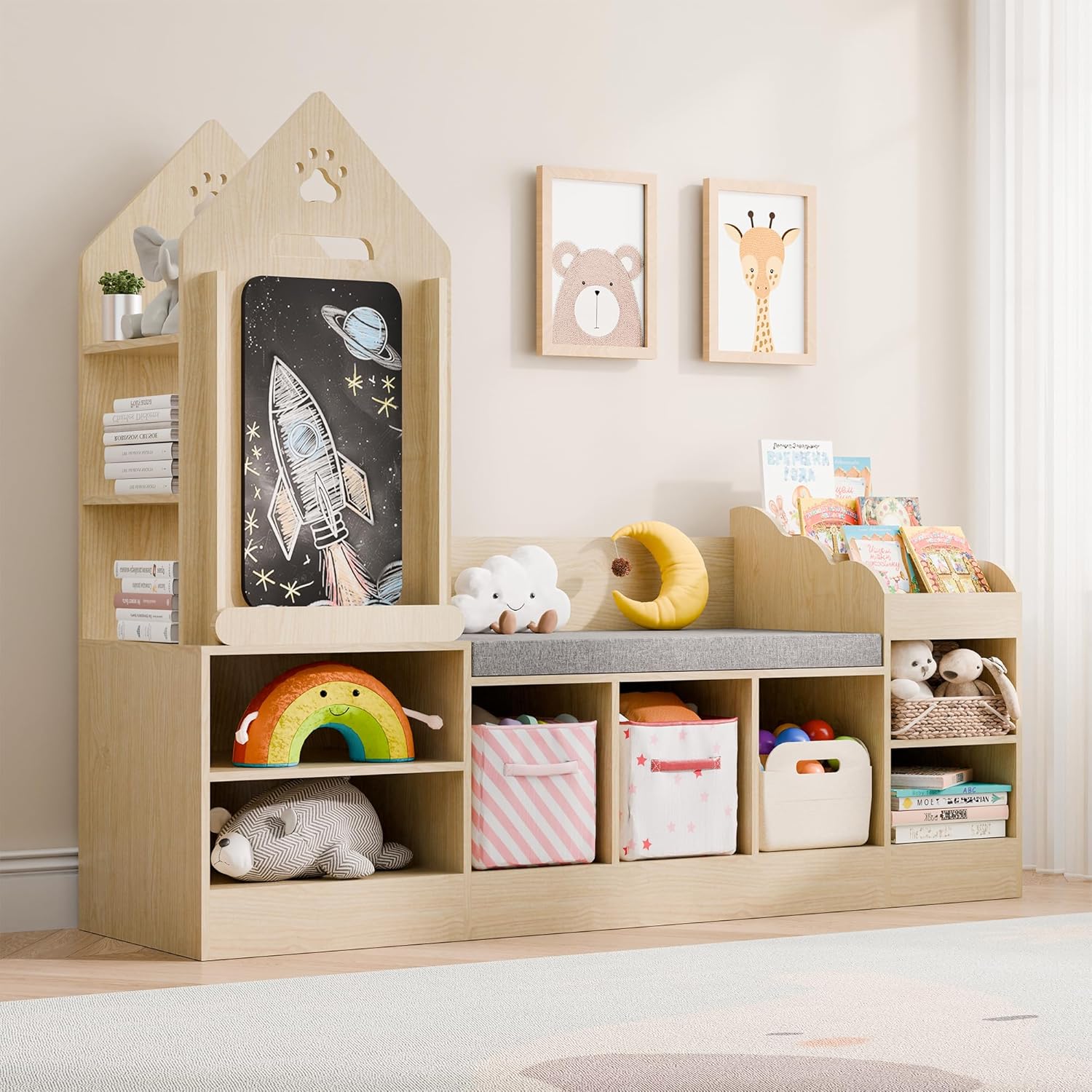 Bookshelf Featuring a Cozy Reading Corner, Wooden Organizer for Toy Storage Equipped with a Chalkboard And Bench, Ideal Reading Nook for Boys And Girls, Toy Shelf Suitable for Bedroom, Nursery, Or Playroom, Crafted from Natural Oak