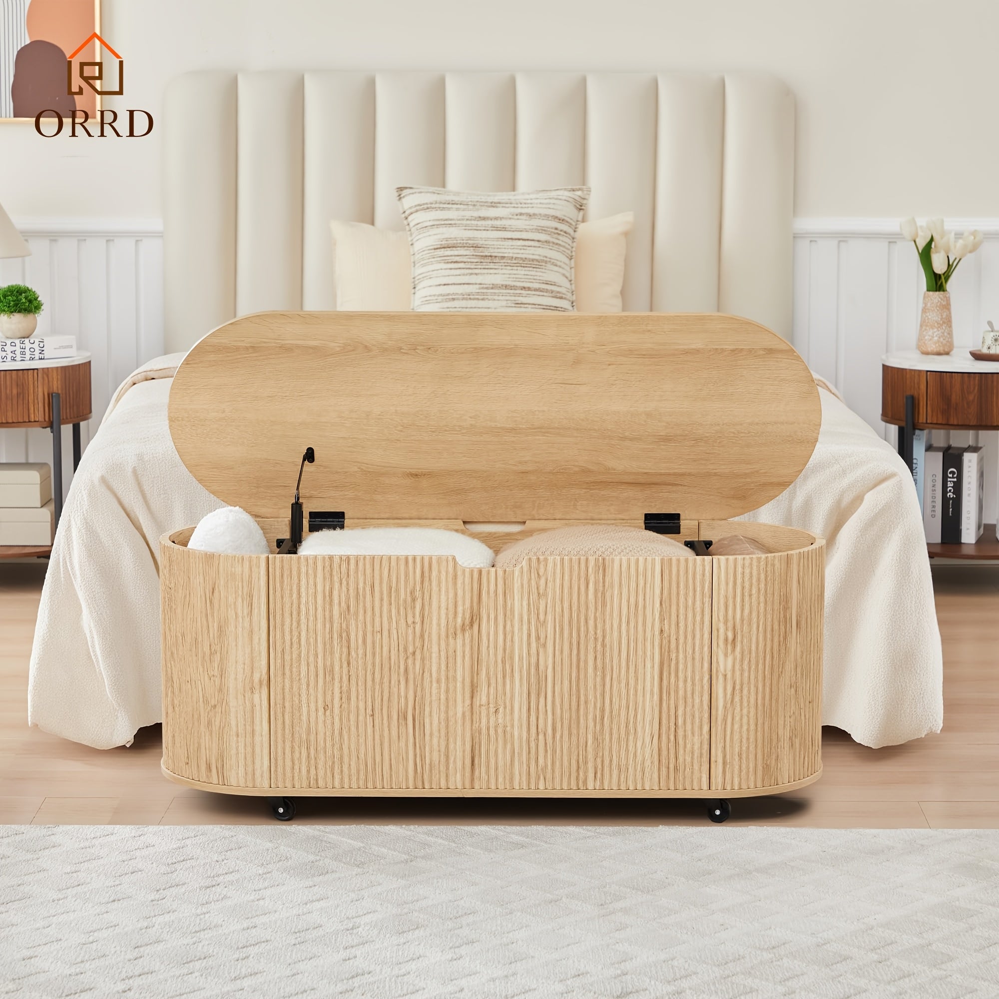 ORRD Storage Bench Featuring 4 Wheels, a Fluted Oval Design with Safety Hinges, a Contemporary Wooden Bench for The End of The Bed, And a Spacious Storage Trunk Toy Chest with a Lift-Top Suitable for The Entryway, Bedroom, Or Living Room