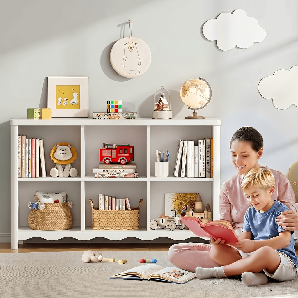 6-Cubby Kids Bookshelf with 2-Tier Open Storage - Low-Profile Bookcase Suitable for Rounded Corners, Assembly, Compact Bookshelf for Room,, Playroom, Multi-Purpose Storage Shelf for Books &
