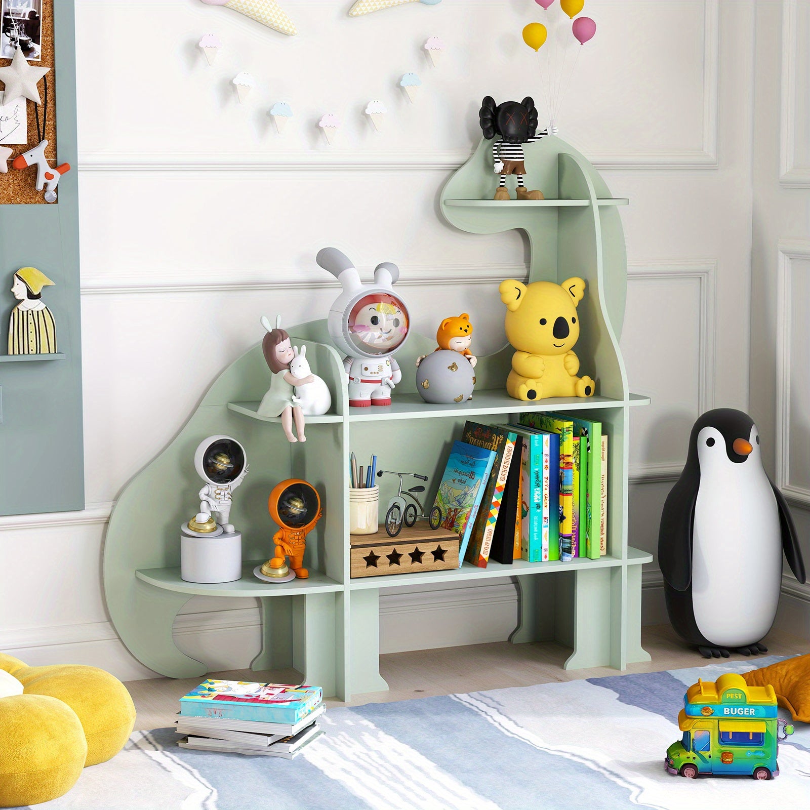 LIFEZEAL Dinosaur Kids Bookshelf, 3-Tier Wood Bookcase for Children, Toy Storage Organizer, Book Shelf for Kids Room, Playroom, Nursery, Kindergarten, Green