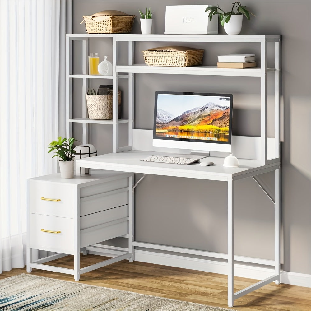 55-Inch Office Desk Featuring a Hutch, White End with Two Drawers And Storage Shelves, Contemporary Design Suitable for Studying, Gaming, Or As a Laptop Workstation for Home Offices, Perfect for Holiday Updates