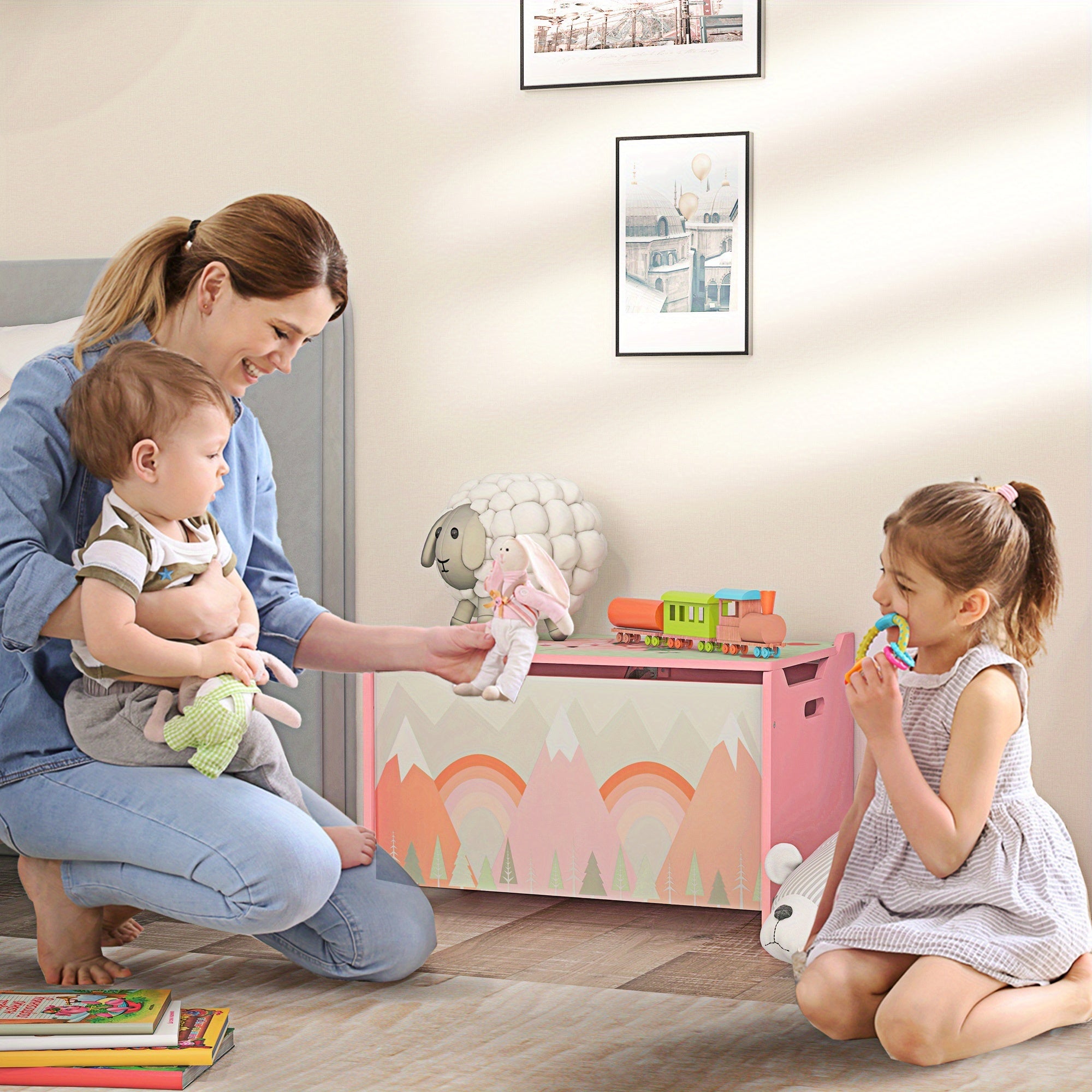 Qaba Box with Lid, Chest Storage Organizer for Bedroom with Safety Hinge, Cute Animal Design, Pink
