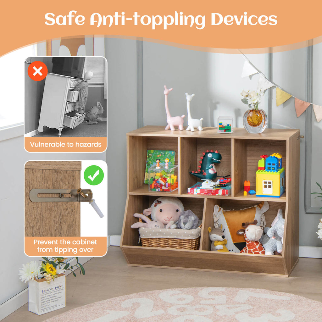 COSTWAY 5-Cubby Kids Toy Storage Organizer Wooden Bookshelf Display Cabinet White\u002FNatural