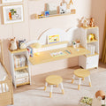 Kids Study Desk with Bookshelves and 2 Stools, Kids Desk and Chair Set with 5 Storage Cabinets