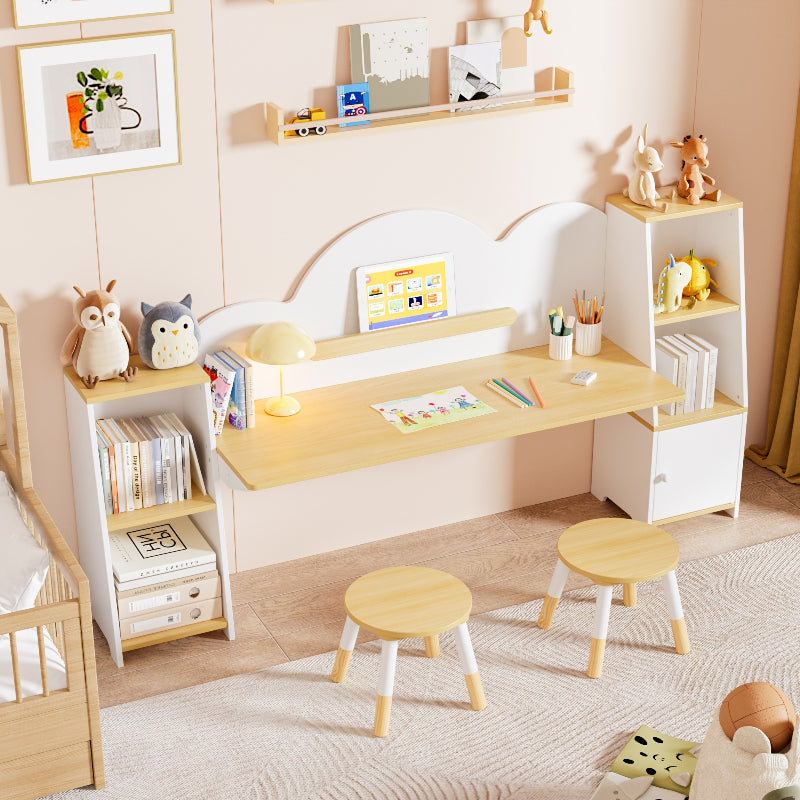 Kids Study Desk with Bookshelves and 2 Stools, Kids Desk and Chair Set with 5 Storage Cabinets
