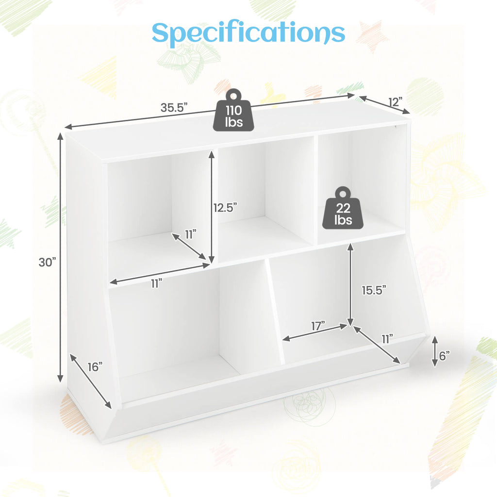 COSTWAY 5-Cubby Kids Toy Storage Organizer Wooden Bookshelf Display Cabinet White\u002FNatural