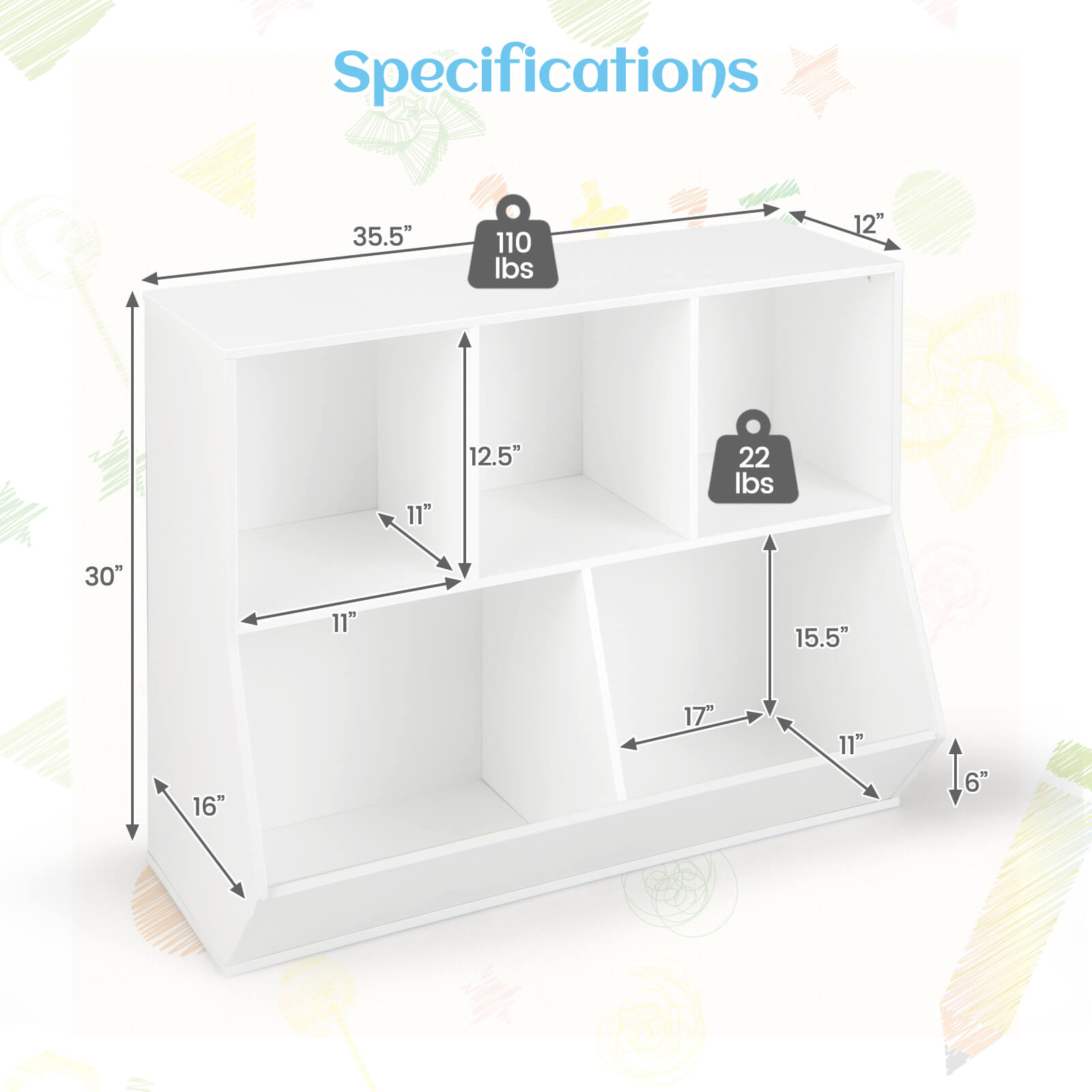 COSTWAY 5-Cubby Kids Toy Storage Organizer Wooden Bookshelf Display Cabinet White\u002FNatural