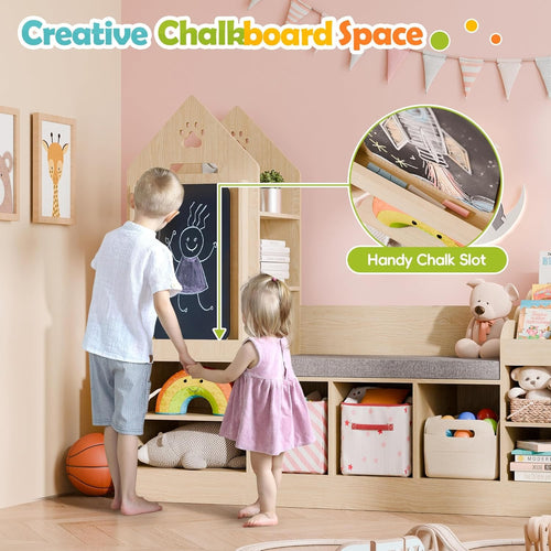 Bookshelf Featuring a Cozy Reading Corner, Wooden Organizer for Toy Storage Equipped with a Chalkboard And Bench, Ideal Reading Nook for Boys And Girls, Toy Shelf Suitable for Bedroom, Nursery, Or Playroom, Crafted from Natural Oak