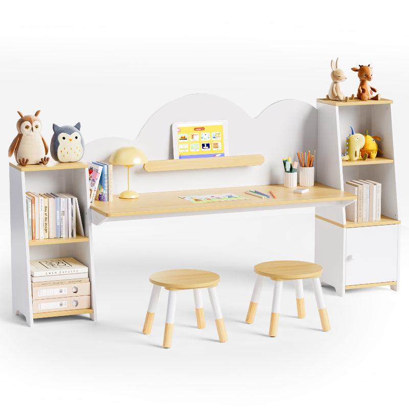 Kids Study Desk with Bookshelves and 2 Stools, Kids Desk and Chair Set with 5 Storage Cabinets
