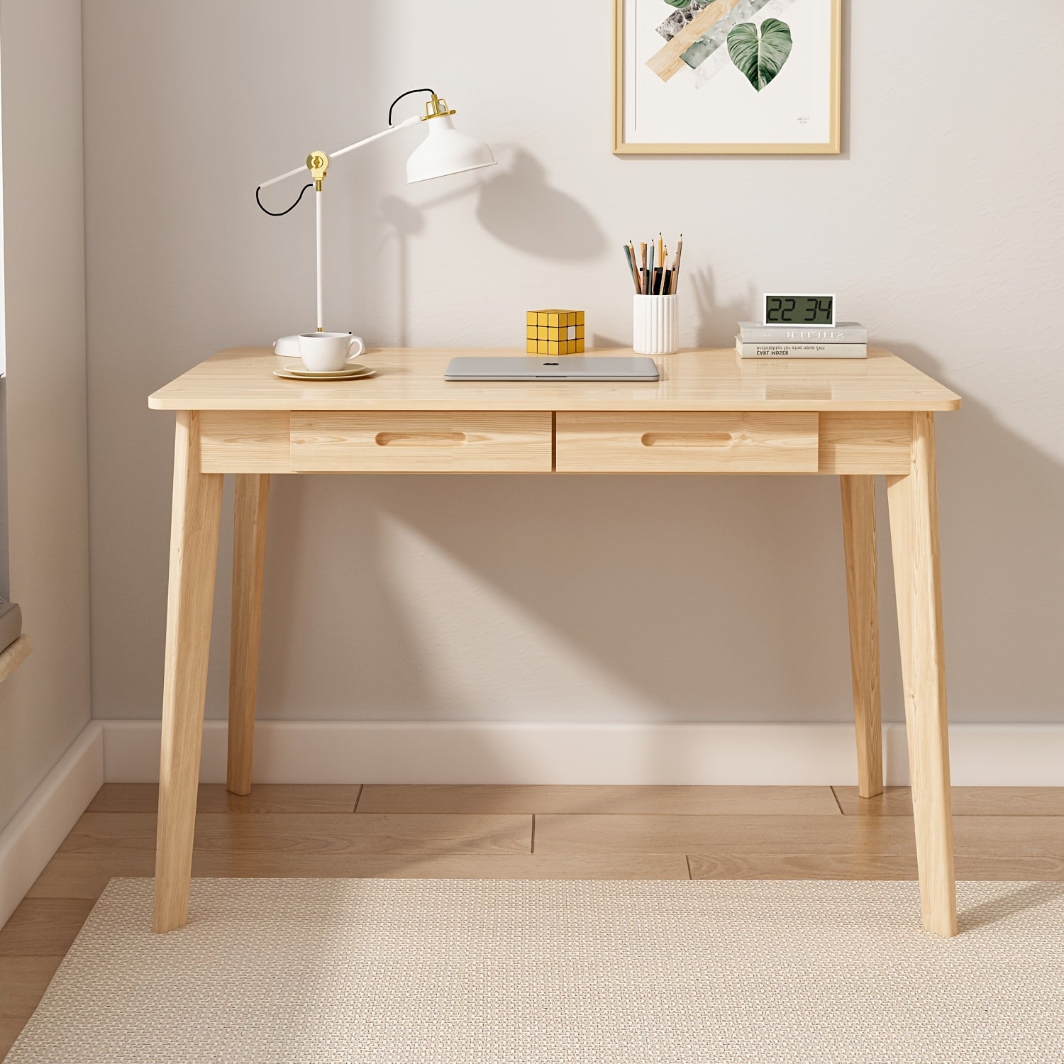 Modern Office Desk Computer Desk Writing Wood Desk Study Work Desk, With 2 Drawer, Suitable For Study Or Office, Equipped With Two Drawers And Four Legs, Easy To Assemble, Minimalist Design
