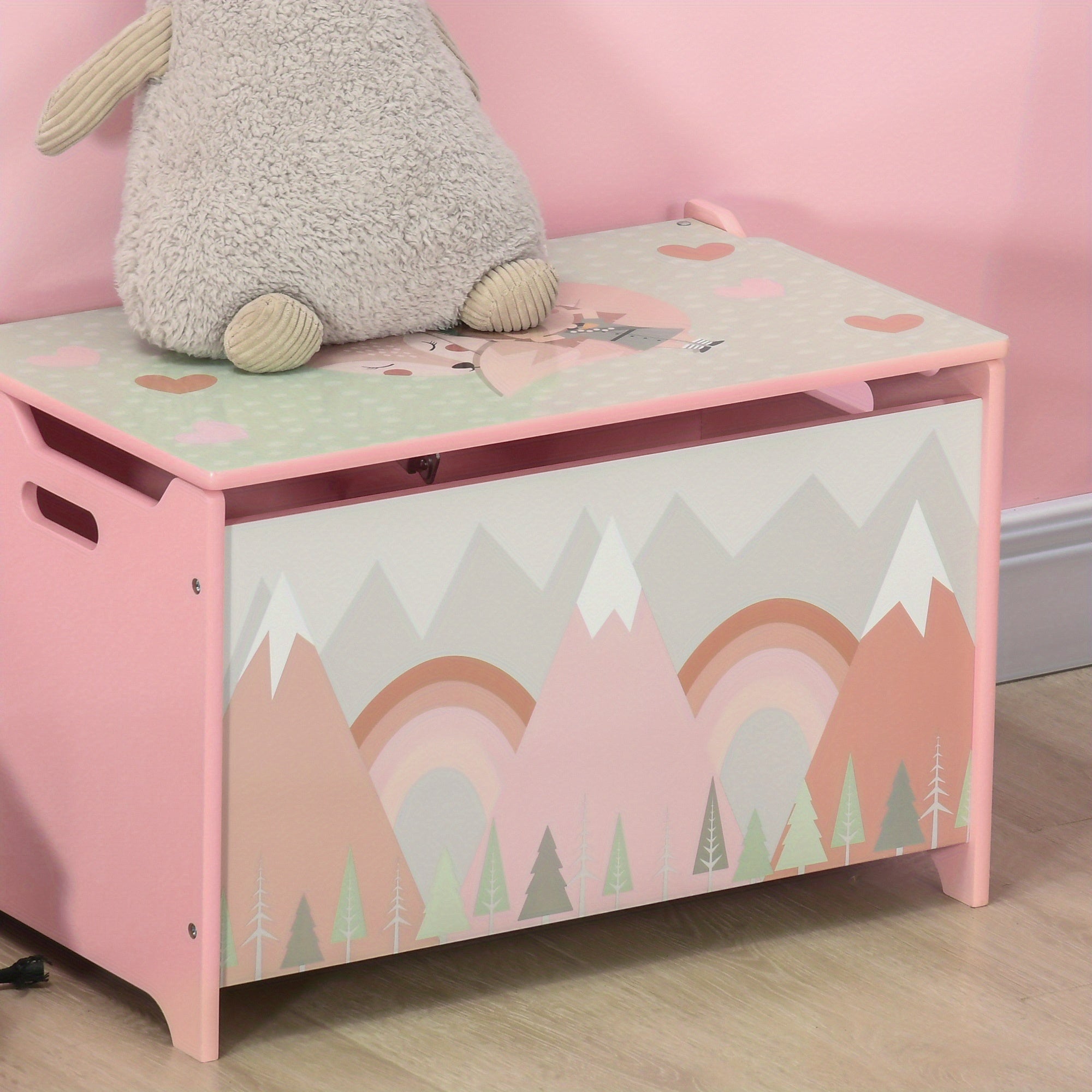 Qaba Box with Lid, Chest Storage Organizer for Bedroom with Safety Hinge, Cute Animal Design, Pink