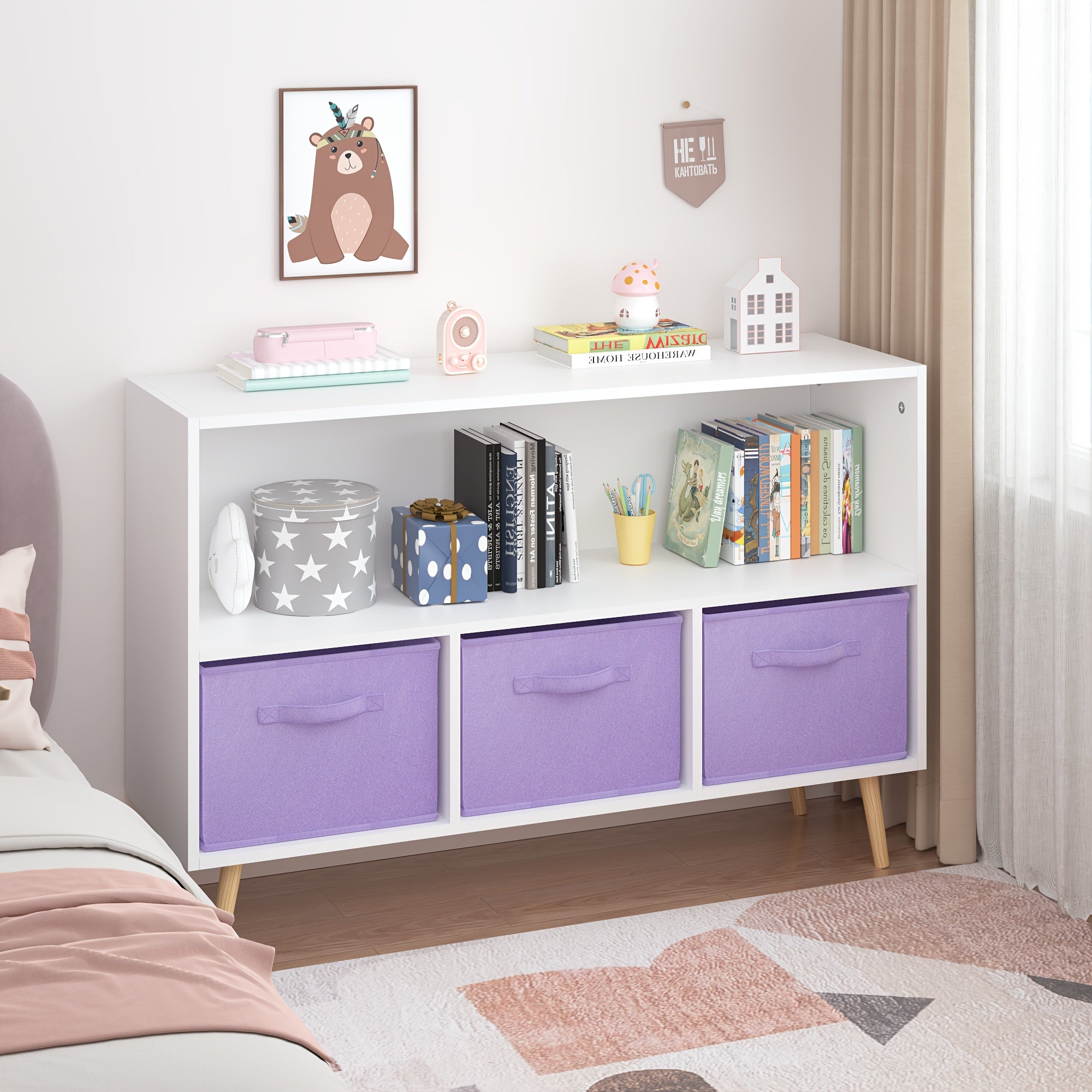 Kids Bookcase & Bookshelf with 3 Collapsible Fabric Drawers - ' Toy Storage Shelf & Book Display, Multi-Shelf Cubby Organizer for ' Room, Playroom, - Durable Children's Furniture (Space-Saving)