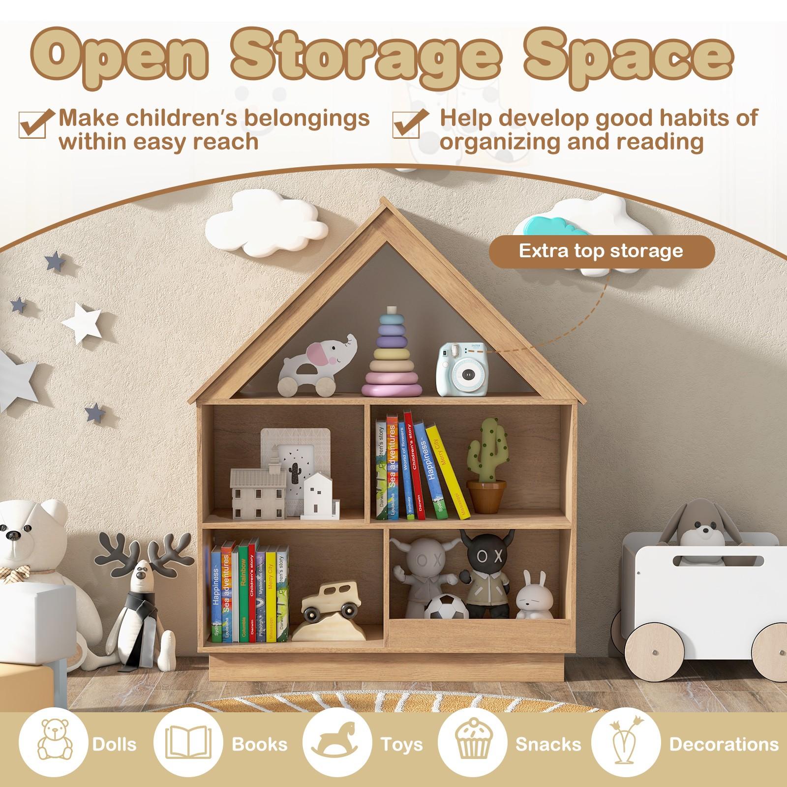3-Tier Kids Dollhouse Bookshelf | House-Shaped Toy Storage Organizer with Open Shelves, Anti-toppling System, Hardwood, Wood Color, Assembled, LIFEZEAL Brand, Ideal for Playroom and Nursery, Perfect Gift for Boys and Girls
