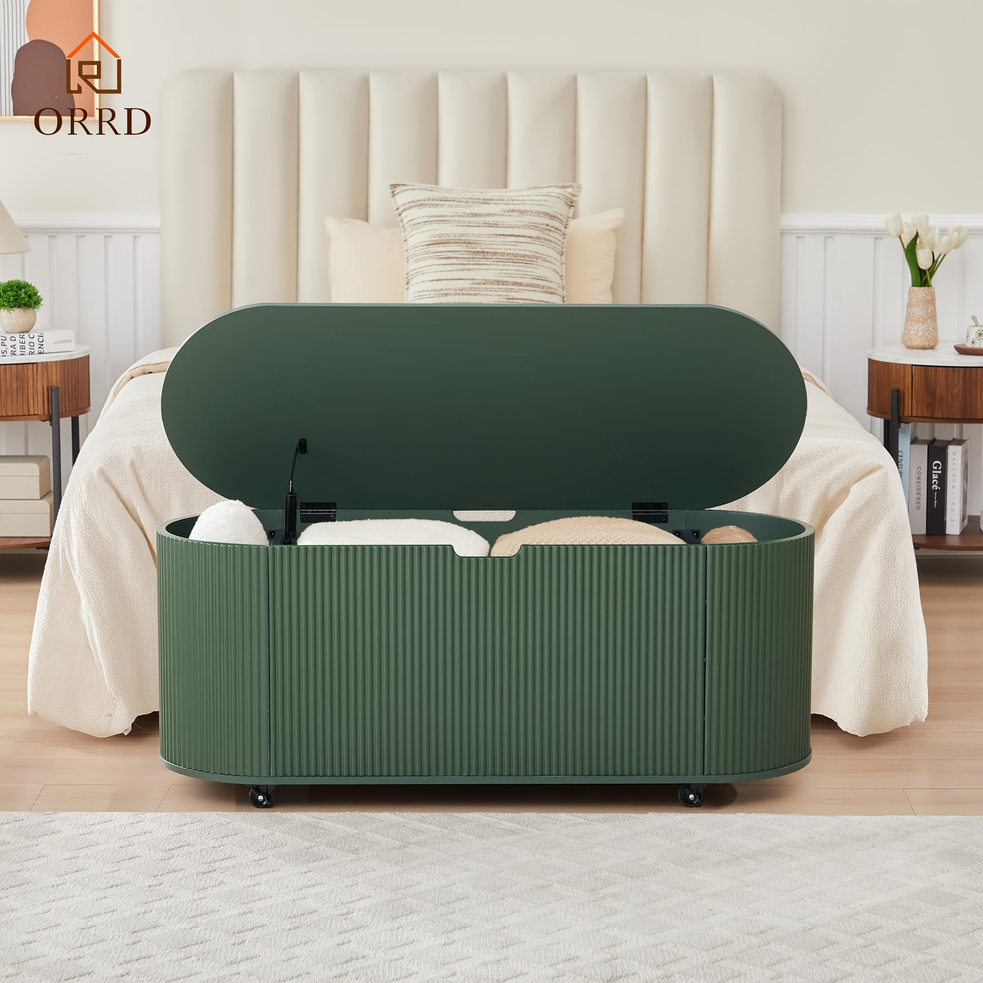 ORRD Storage Bench Featuring 4 Wheels, a Fluted Oval Design with Safety Hinges, a Contemporary Wooden Bench for The End of The Bed, And a Spacious Storage Trunk Toy Chest with a Lift-Top Suitable for The Entryway, Bedroom, Or Living Room