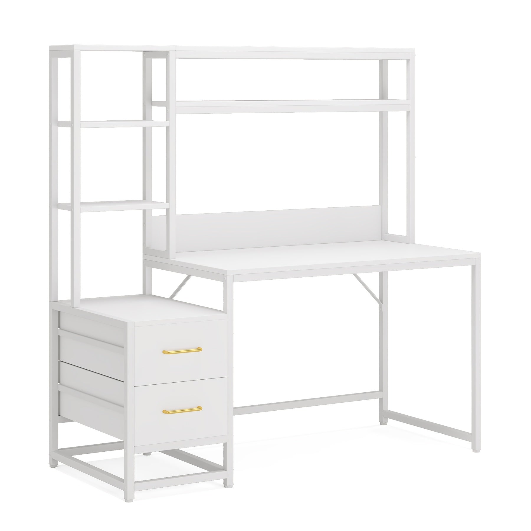 55-Inch Office Desk Featuring a Hutch, White End with Two Drawers And Storage Shelves, Contemporary Design Suitable for Studying, Gaming, Or As a Laptop Workstation for Home Offices, Perfect for Holiday Updates