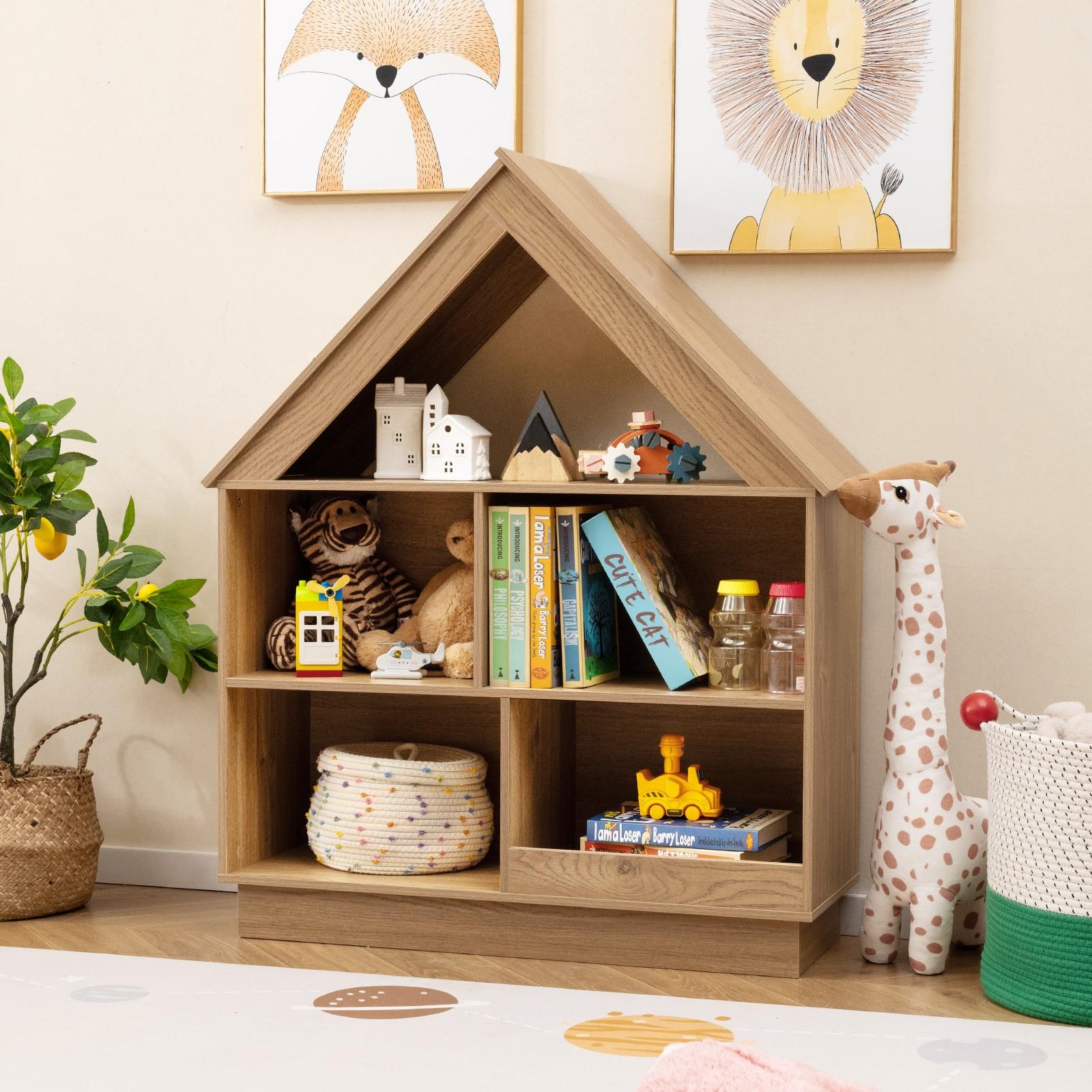 3-Tier Kids Dollhouse Bookshelf | House-Shaped Toy Storage Organizer with Open Shelves, Anti-toppling System, Hardwood, Wood Color, Assembled, LIFEZEAL Brand, Ideal for Playroom and Nursery, Perfect Gift for Boys and Girls