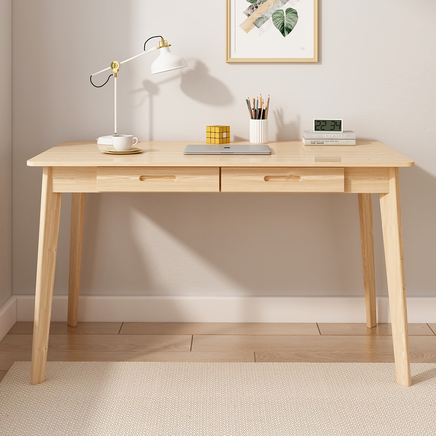 Modern Office Desk Computer Desk Writing Wood Desk Study Work Desk, With 2 Drawer, Suitable For Study Or Office, Equipped With Two Drawers And Four Legs, Easy To Assemble, Minimalist Design
