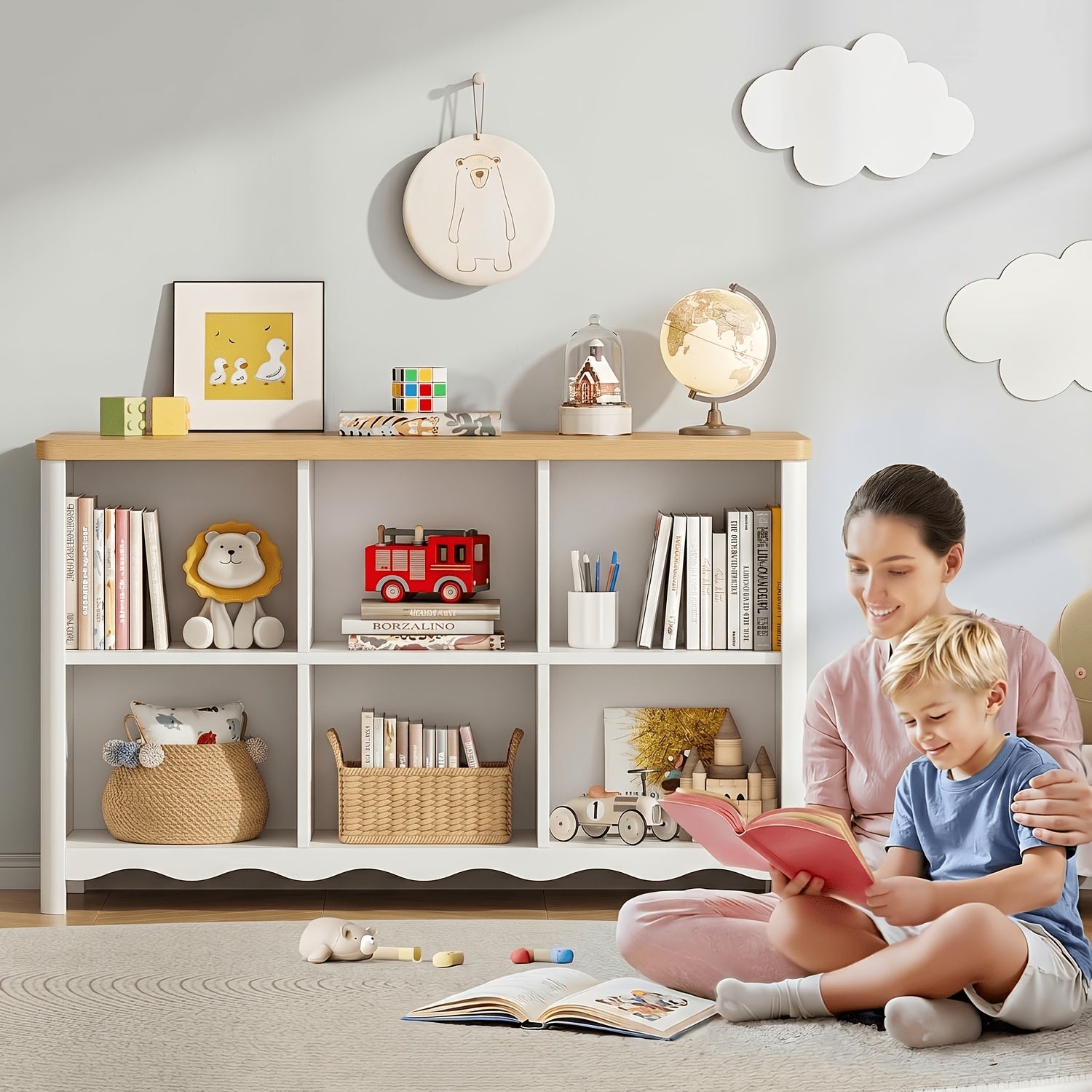 6-Cubby Kids Bookshelf Storage Organizer, Wooden Small Bookcase for Child, Open Shelf Cubby Storage Cabinet for Study Room, Playroom, Kids Bedroom, Multi-Purpose Book Organizer for Books,, Art Supplies
