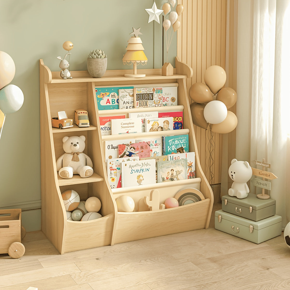 Children's Wooden Multi-Functional Bookshelf, 4-Tier Deer-Shaped Display Bookcase, 4-Layer Hanging Storage Rack, Book & Toy Organizer, Suitable for Kids' Rooms, Playrooms, Kindergartens & Daycares