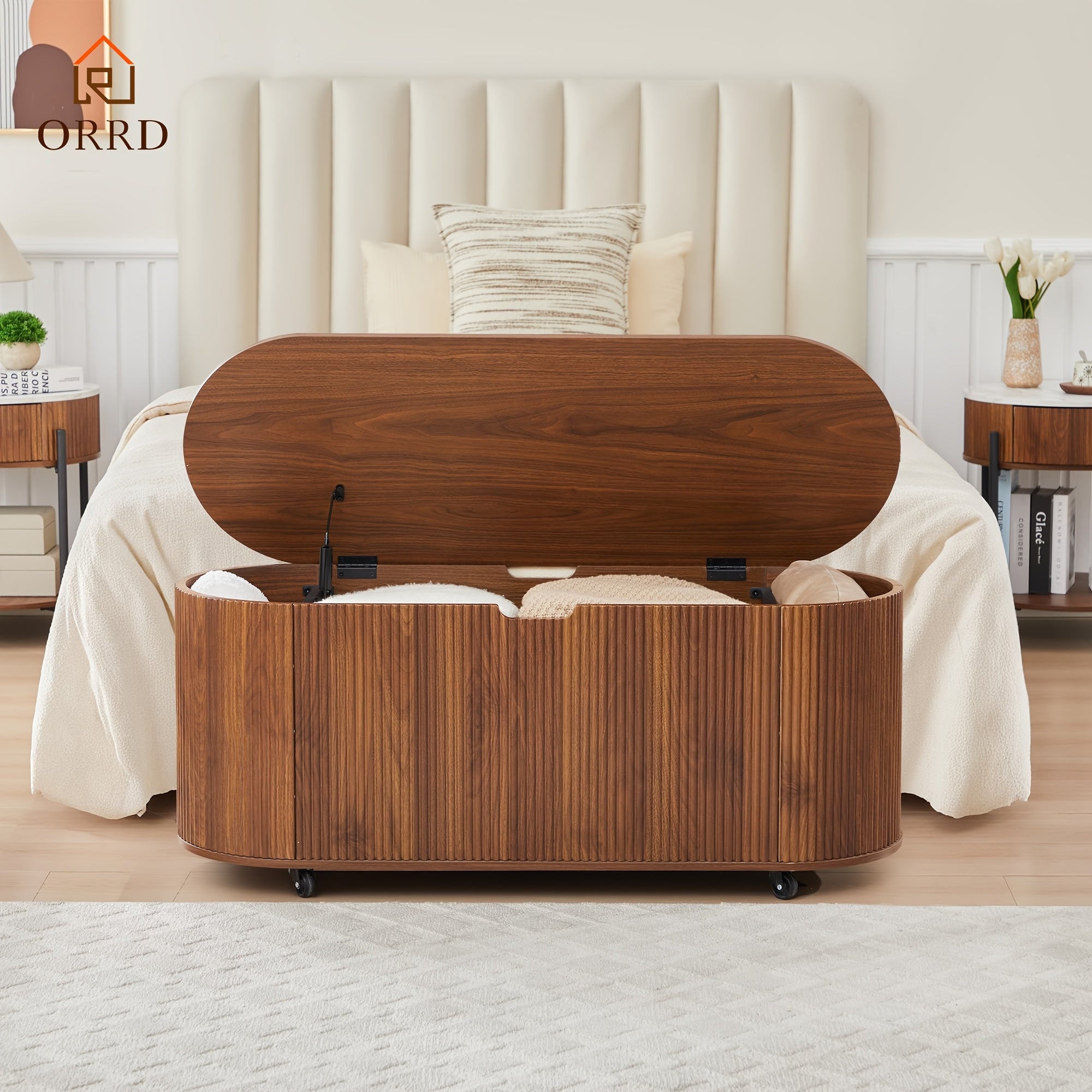 ORRD Storage Bench Featuring 4 Wheels, a Fluted Oval Design with Safety Hinges, a Contemporary Wooden Bench for The End of The Bed, And a Spacious Storage Trunk Toy Chest with a Lift-Top Suitable for The Entryway, Bedroom, Or Living Room