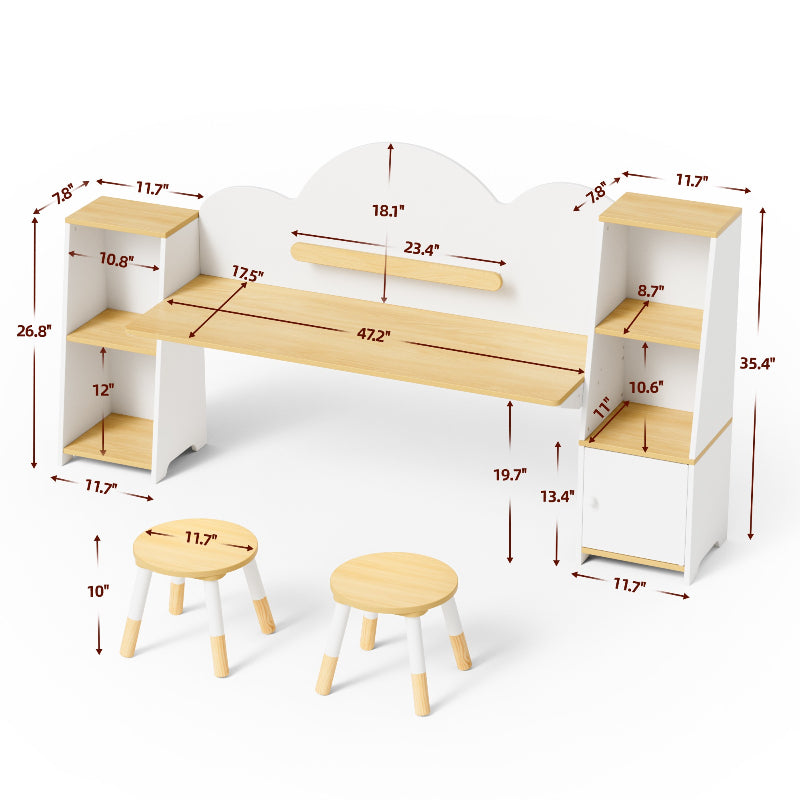 Kids Study Desk with Bookshelves and 2 Stools, Kids Desk and Chair Set with 5 Storage Cabinets