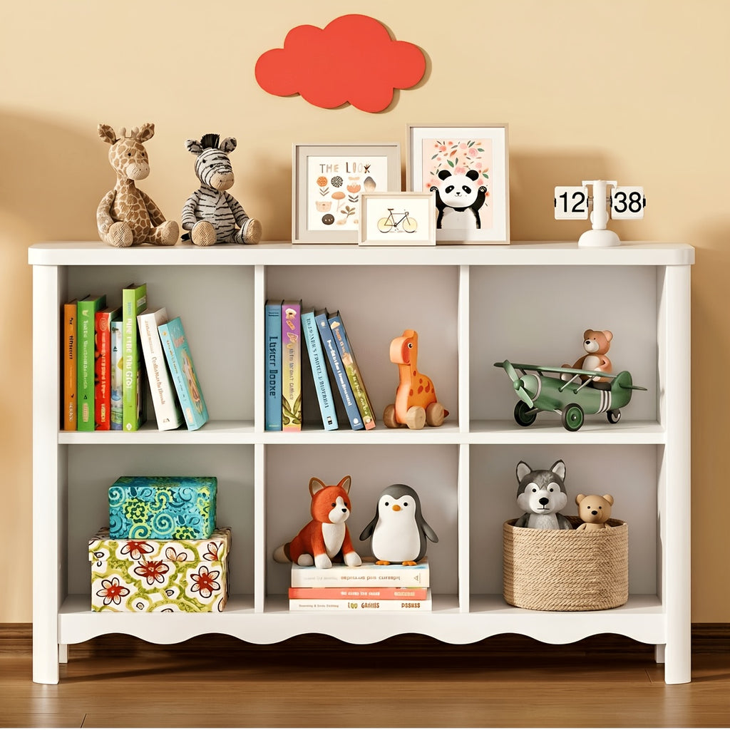 6-Cubby Kids Bookshelf with 2-Tier Open Storage - Low-Profile Bookcase Suitable for Rounded Corners, Assembly, Compact Bookshelf for Room,, Playroom, Multi-Purpose Storage Shelf for Books &