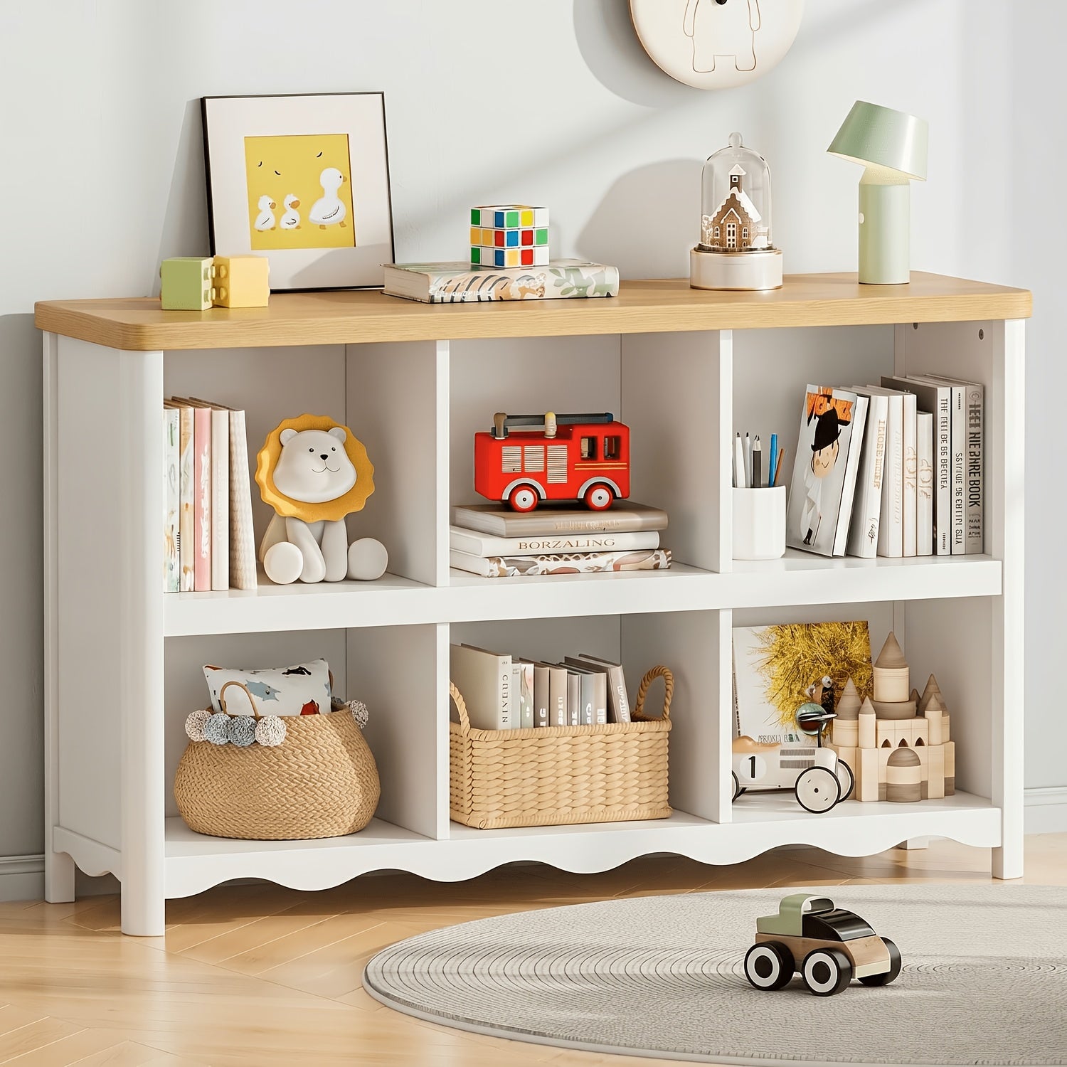 6-Cubby Kids Bookshelf with 2-Tier Open Storage - Low-Profile Bookcase Suitable for Rounded Corners, Assembly, Compact Bookshelf for Room,, Playroom, Multi-Purpose Storage Shelf for Books &
