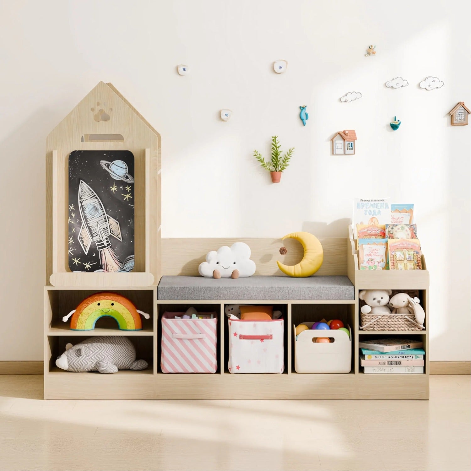 Bookshelf Featuring a Cozy Reading Corner, Wooden Organizer for Toy Storage Equipped with a Chalkboard And Bench, Ideal Reading Nook for Boys And Girls, Toy Shelf Suitable for Bedroom, Nursery, Or Playroom, Crafted from Natural Oak