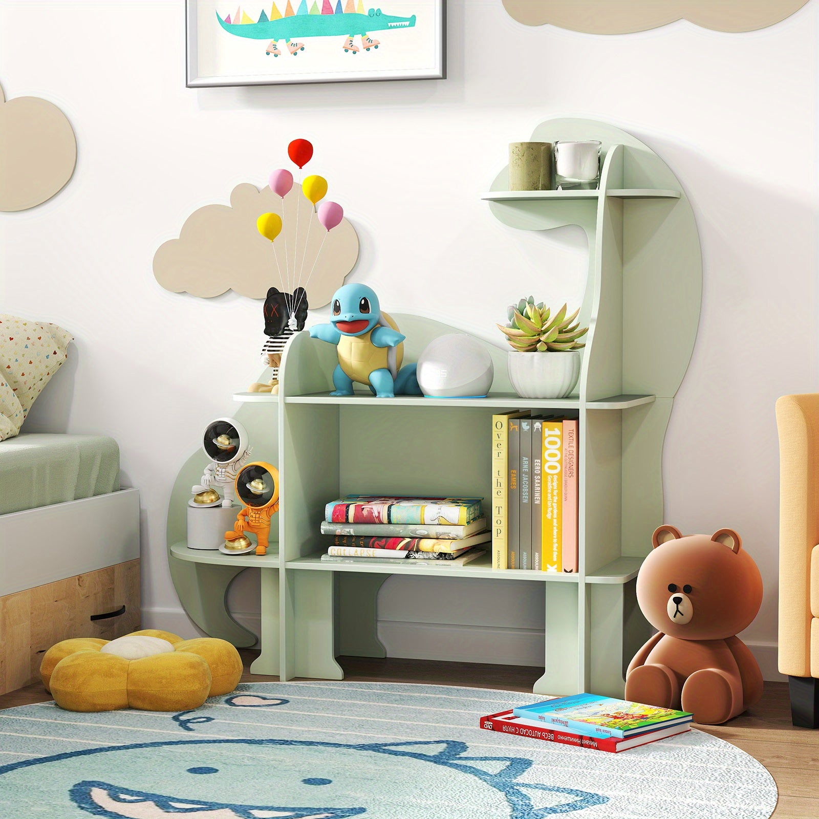 LIFEZEAL Dinosaur Kids Bookshelf, 3-Tier Wood Bookcase for Children, Toy Storage Organizer, Book Shelf for Kids Room, Playroom, Nursery, Kindergarten, Green
