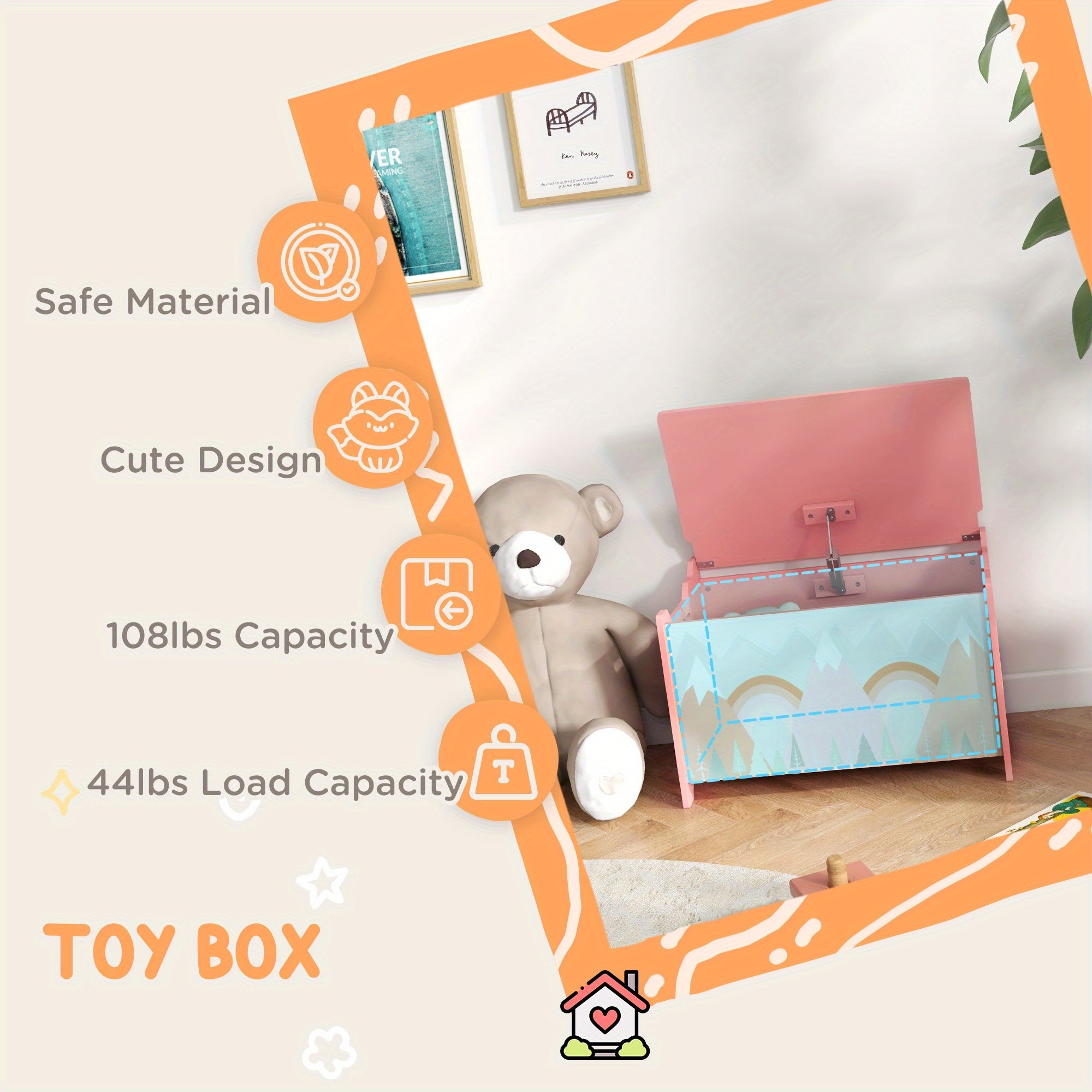 Qaba Box with Lid, Chest Storage Organizer for Bedroom with Safety Hinge, Cute Animal Design, Pink