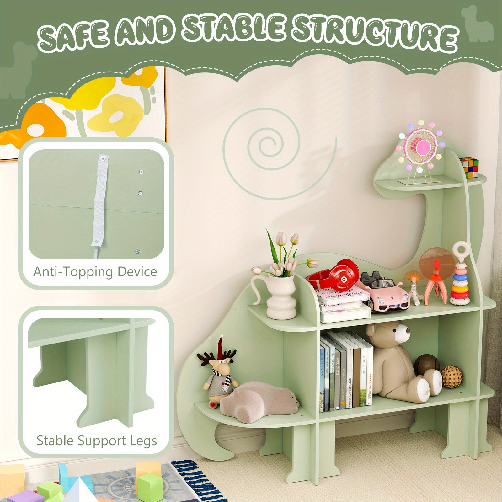 LIFEZEAL Dinosaur Kids Bookshelf, 3-Tier Wood Bookcase for Children, Toy Storage Organizer, Book Shelf for Kids Room, Playroom, Nursery, Kindergarten, Green