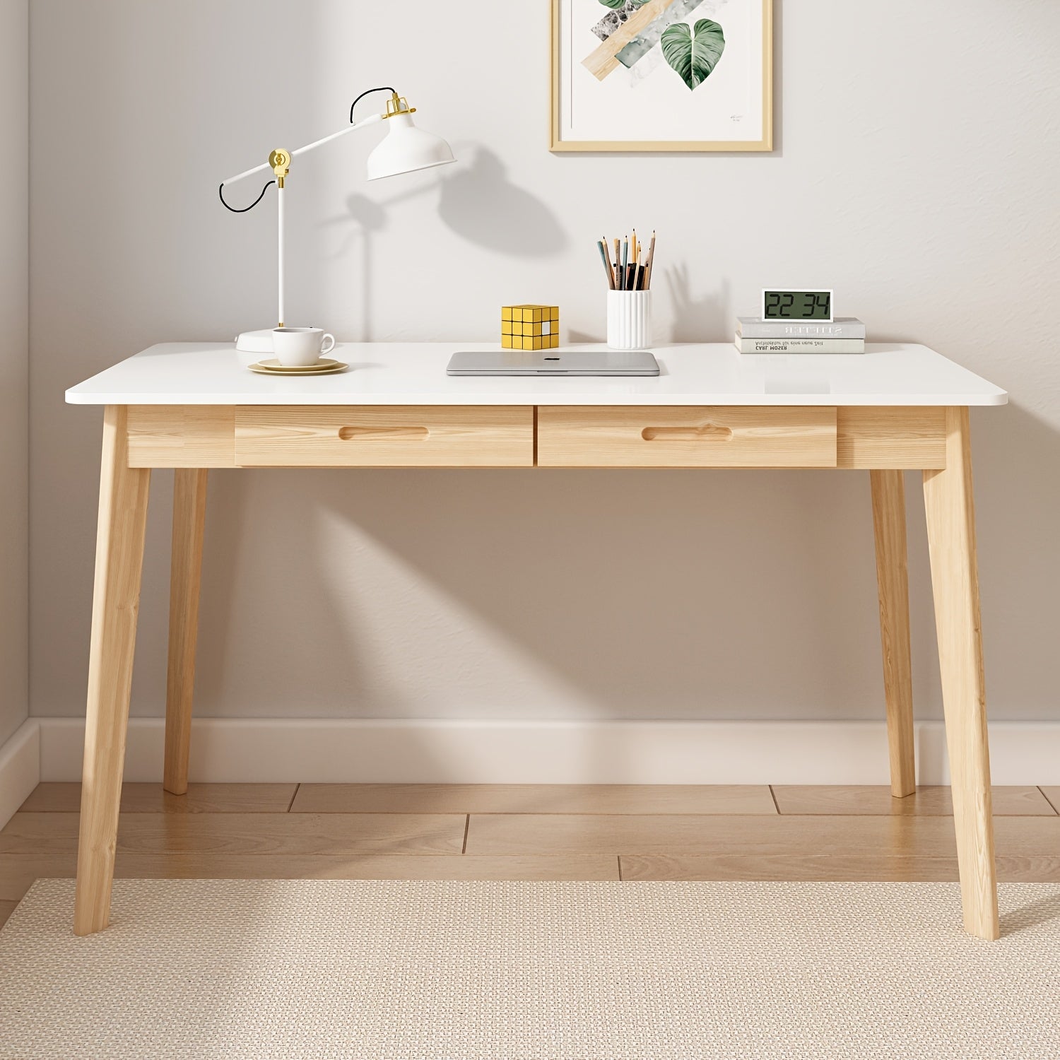 Modern Office Desk Computer Desk Writing Wood Desk Study Work Desk, With 2 Drawer, Suitable For Study Or Office, Equipped With Two Drawers And Four Legs, Easy To Assemble, Minimalist Design