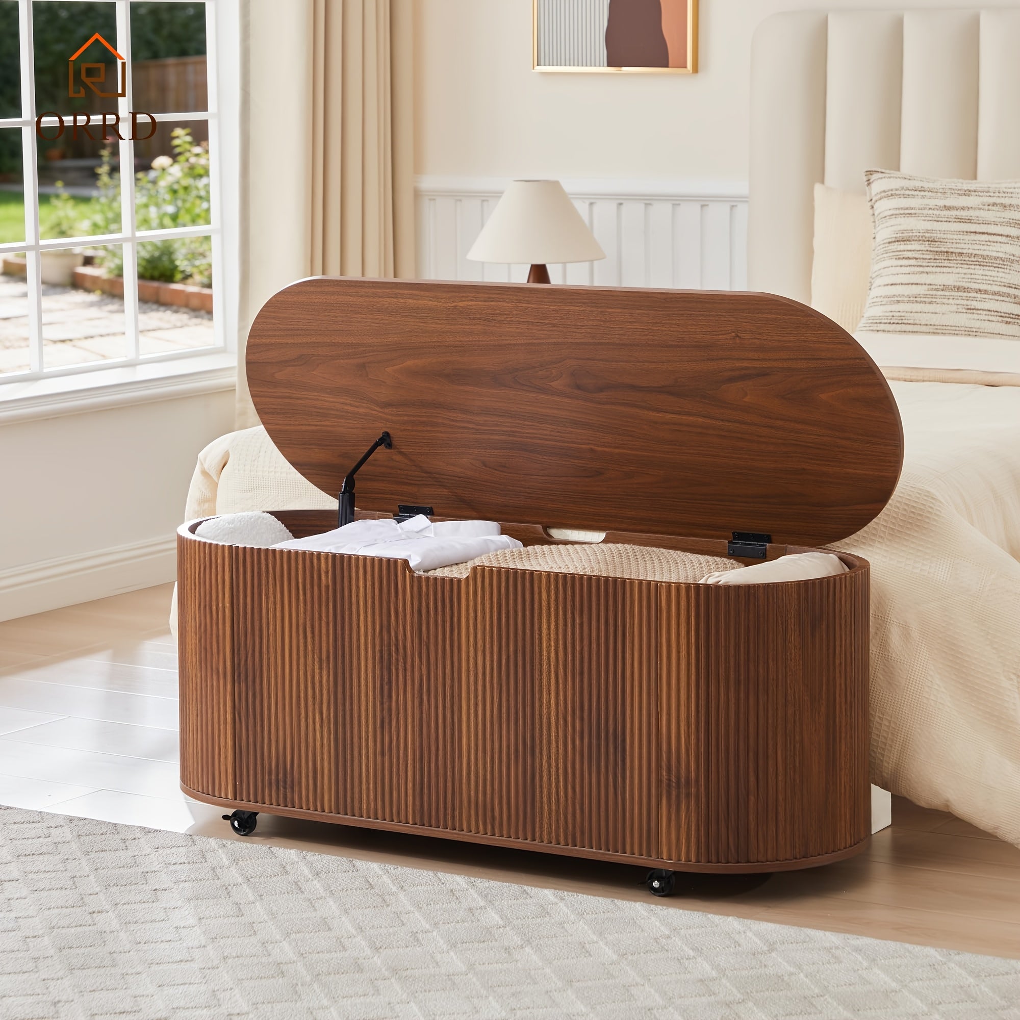 ORRD Storage Bench Featuring 4 Wheels, a Fluted Oval Design with Safety Hinges, a Contemporary Wooden Bench for The End of The Bed, And a Spacious Storage Trunk Toy Chest with a Lift-Top Suitable for The Entryway, Bedroom, Or Living Room