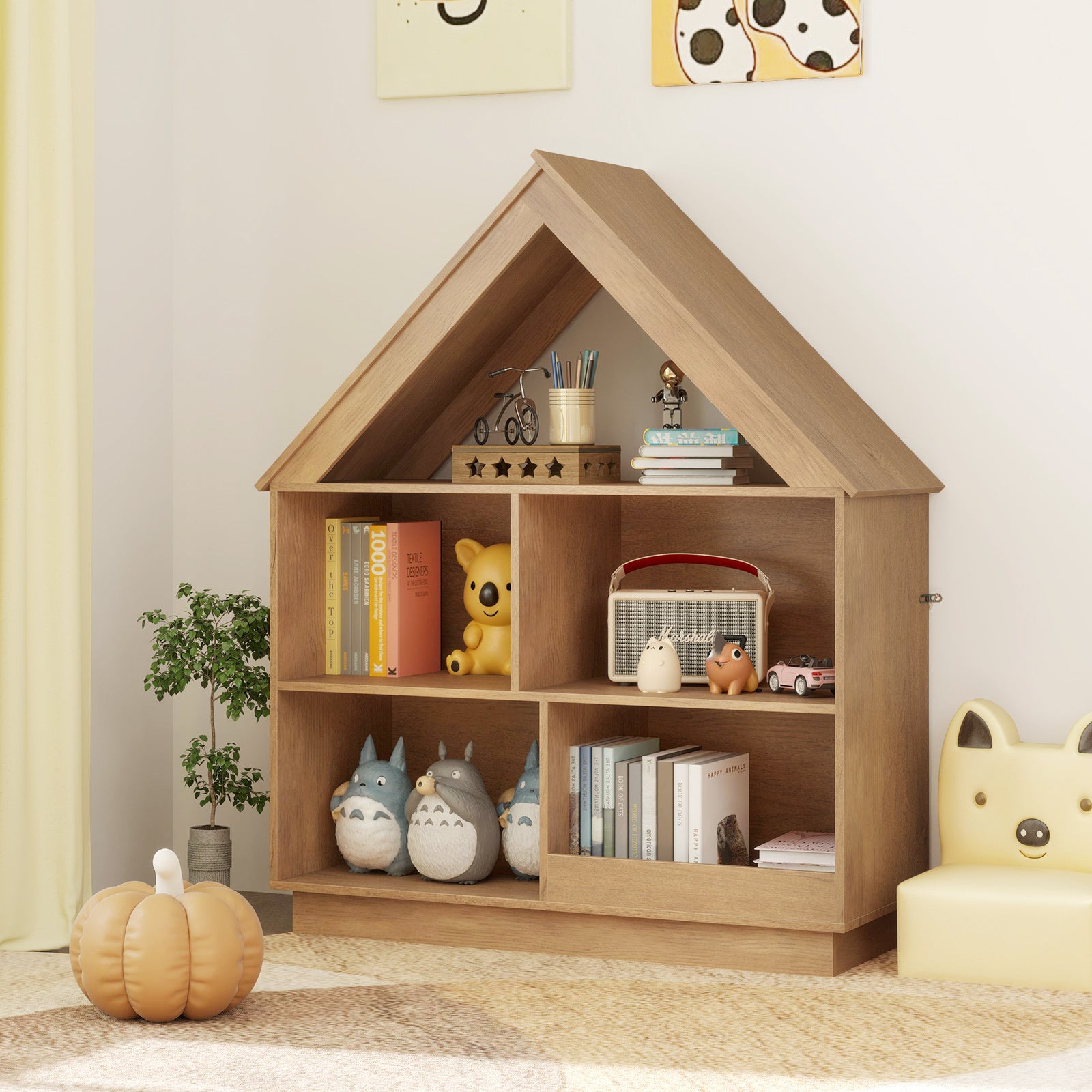 3-Tier Kids Dollhouse Bookshelf | House-Shaped Toy Storage Organizer with Open Shelves, Anti-toppling System, Hardwood, Wood Color, Assembled, LIFEZEAL Brand, Ideal for Playroom and Nursery, Perfect Gift for Boys and Girls