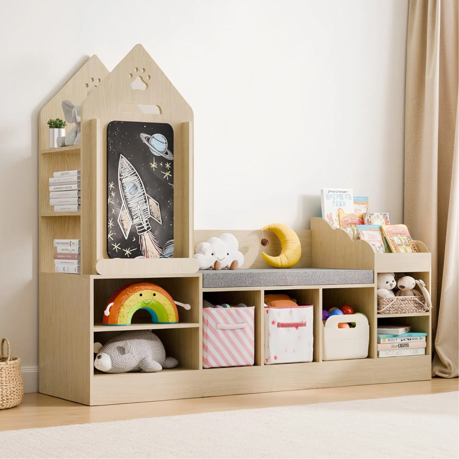 Bookshelf Featuring a Cozy Reading Corner, Wooden Organizer for Toy Storage Equipped with a Chalkboard And Bench, Ideal Reading Nook for Boys And Girls, Toy Shelf Suitable for Bedroom, Nursery, Or Playroom, Crafted from Natural Oak