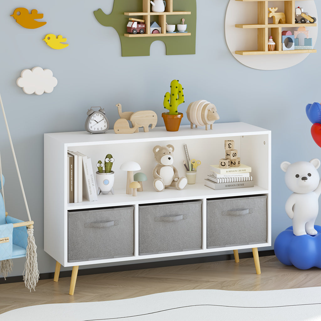 Kids Bookcase & Bookshelf with 3 Collapsible Fabric Drawers - ' Toy Storage Shelf & Book Display, Multi-Shelf Cubby Organizer for ' Room, Playroom, - Durable Children's Furniture (Space-Saving)
