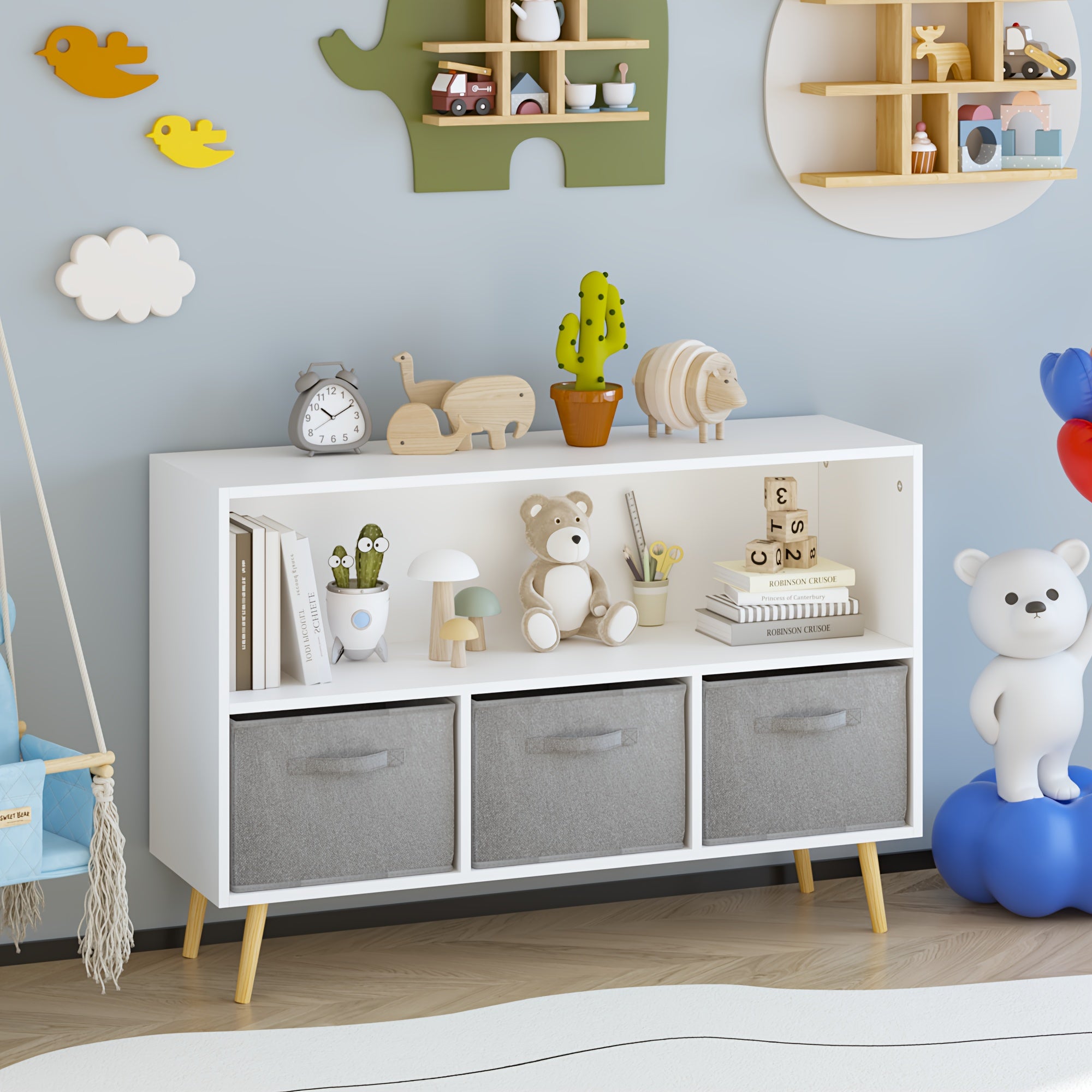 Kids Bookcase & Bookshelf with 3 Collapsible Fabric Drawers - ' Toy Storage Shelf & Book Display, Multi-Shelf Cubby Organizer for ' Room, Playroom, - Durable Children's Furniture (Space-Saving)