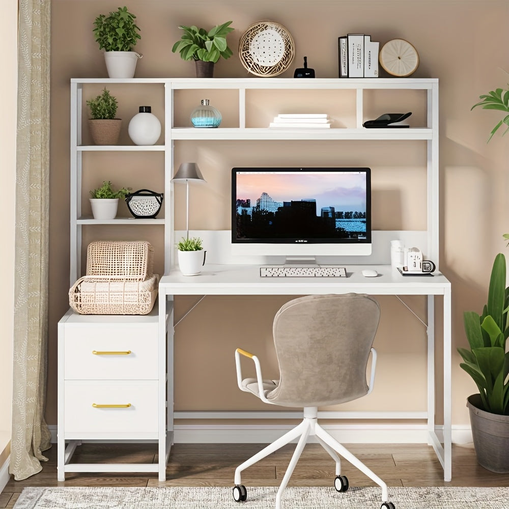 55-Inch Office Desk Featuring a Hutch, White End with Two Drawers And Storage Shelves, Contemporary Design Suitable for Studying, Gaming, Or As a Laptop Workstation for Home Offices, Perfect for Holiday Updates