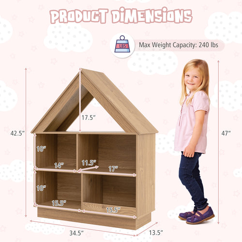 3-Tier Kids Dollhouse Bookshelf | House-Shaped Toy Storage Organizer with Open Shelves, Anti-toppling System, Hardwood, Wood Color, Assembled, LIFEZEAL Brand, Ideal for Playroom and Nursery, Perfect Gift for Boys and Girls